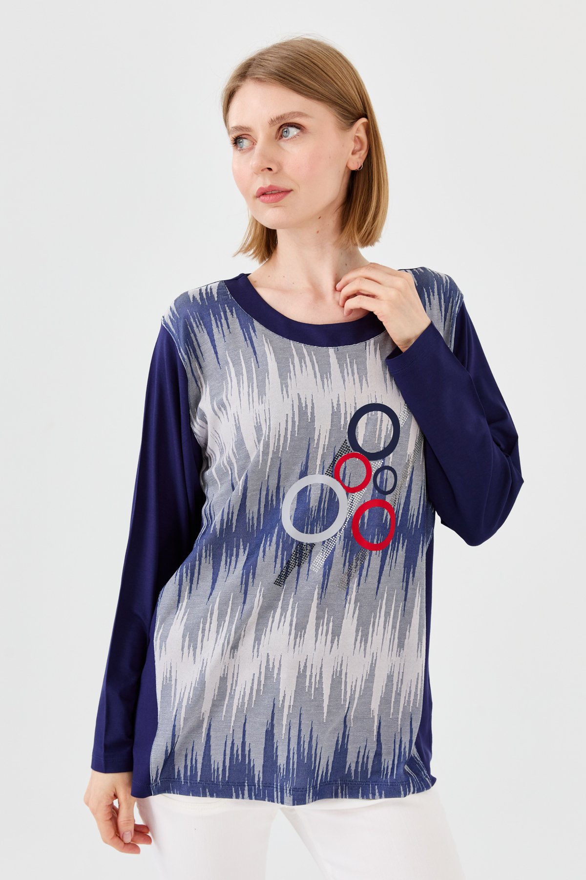 23760Kadın Sıfır Yaka Önü Desenli Uzun Kollu Penye Bluz Lacivert
