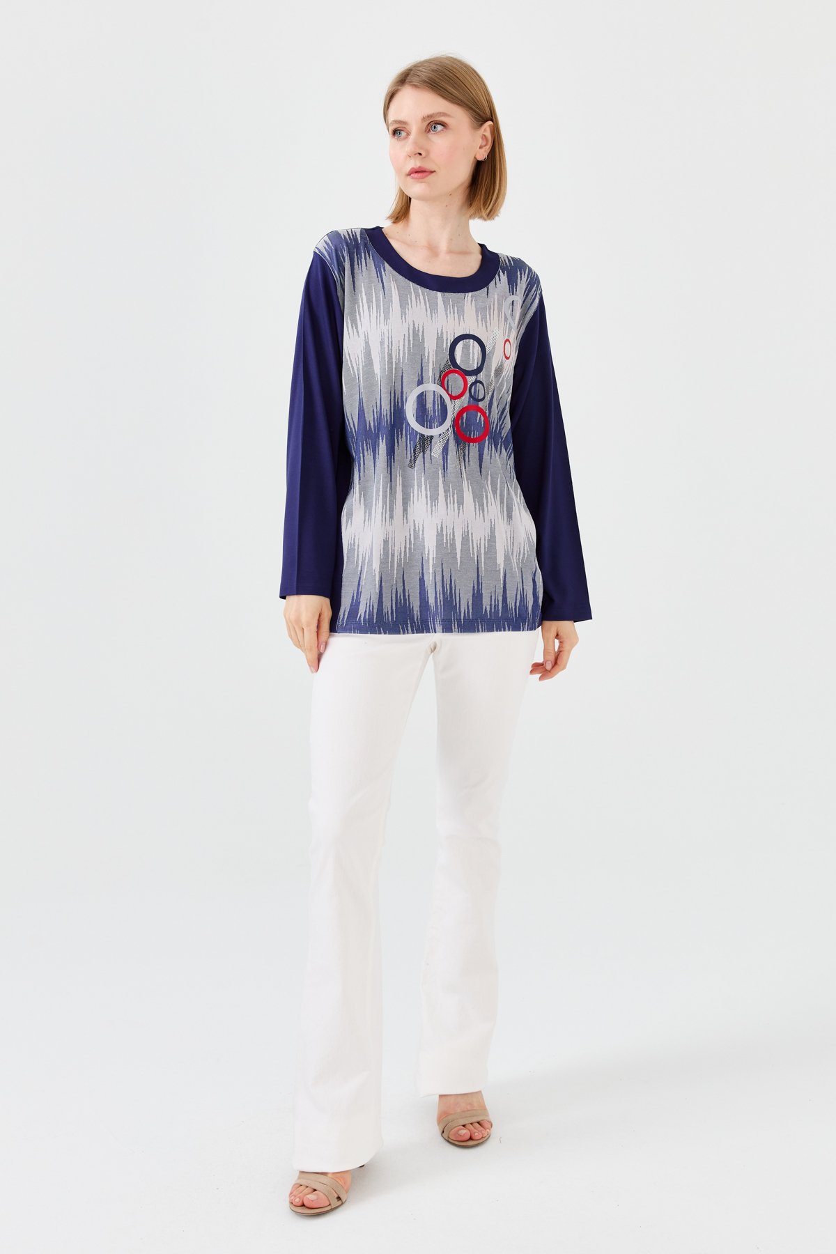 23760Kadın Sıfır Yaka Önü Desenli Uzun Kollu Penye Bluz Lacivert