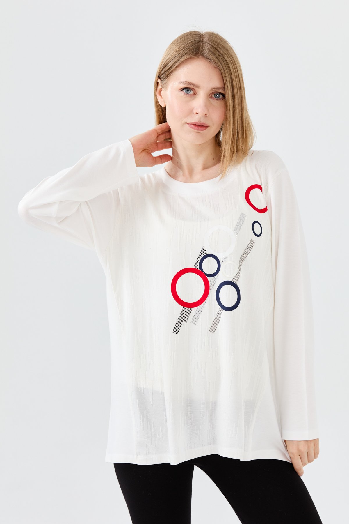 23760Kadın Sıfır Yaka Önü Desenli Uzun Kollu Penye Bluz Kemik