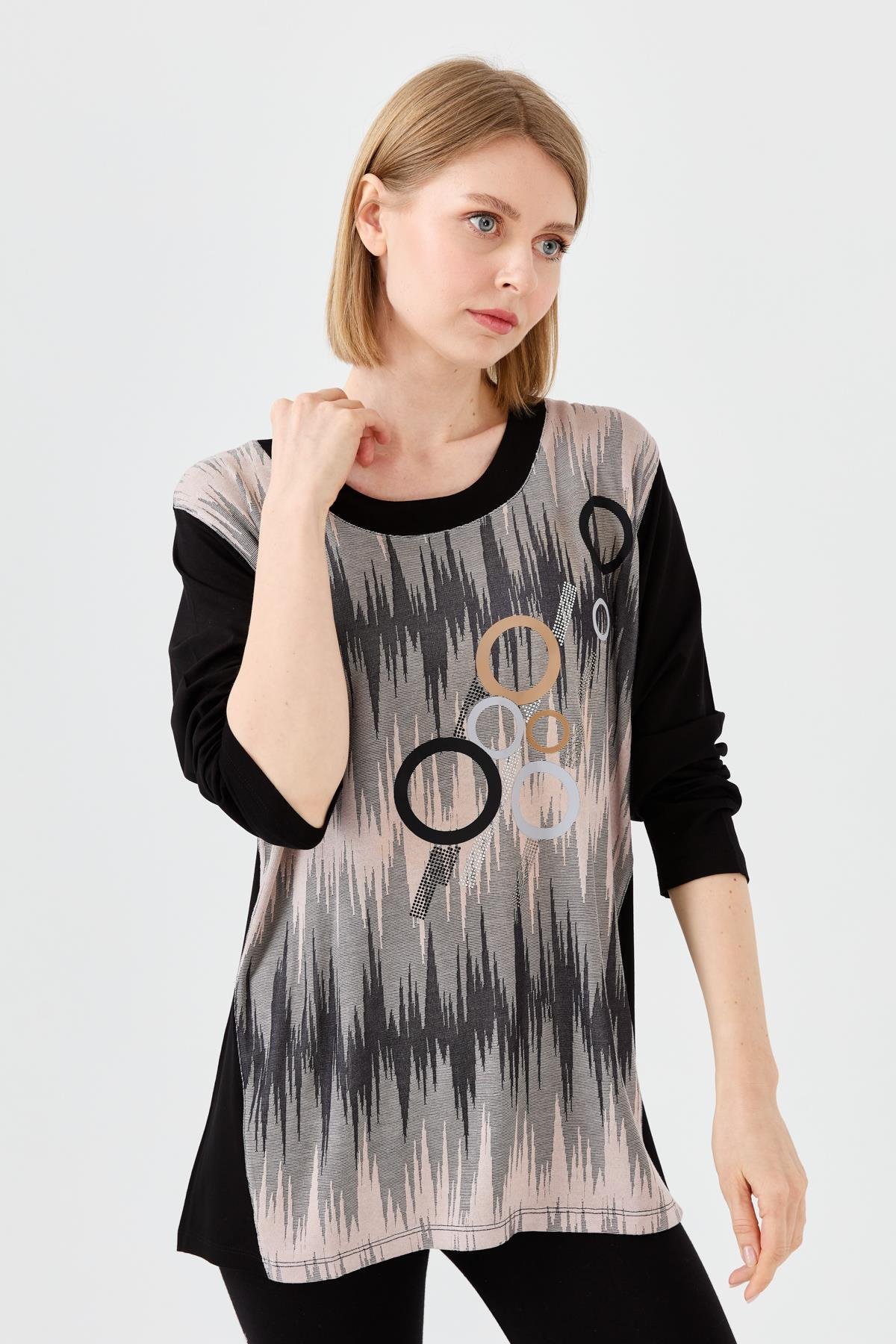 23760Kadın Sıfır Yaka Önü Desenli Uzun Kollu Penye Bluz Siyah