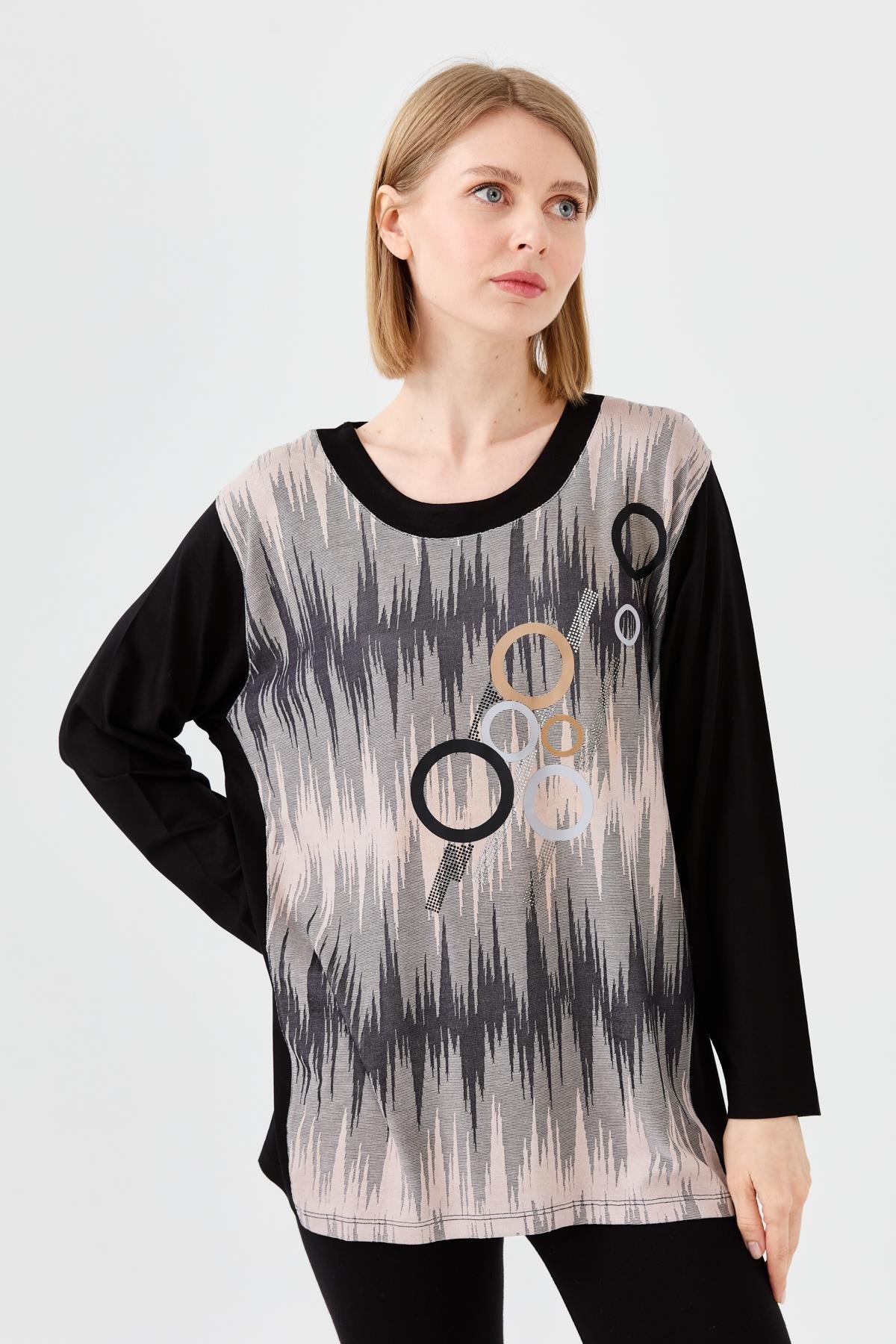 23760Kadın Sıfır Yaka Önü Desenli Uzun Kollu Penye Bluz Siyah