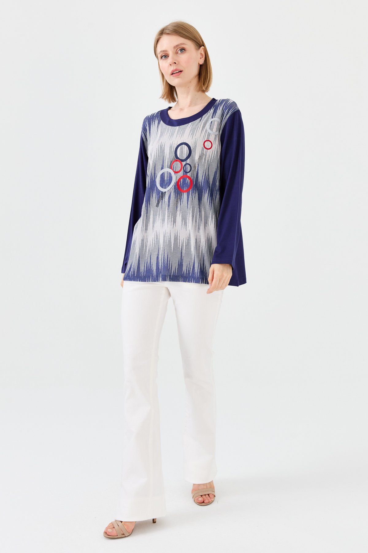 23760Kadın Sıfır Yaka Önü Desenli Uzun Kollu Penye Bluz Lacivert