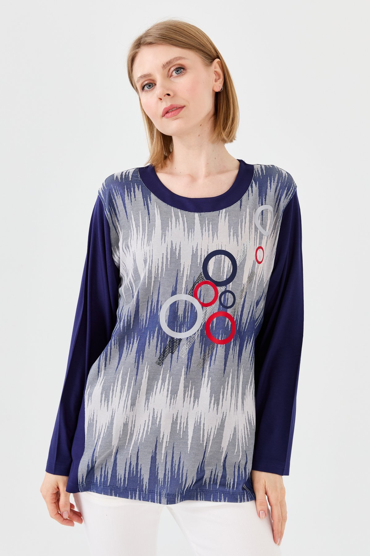 23760Kadın Sıfır Yaka Önü Desenli Uzun Kollu Penye Bluz Lacivert