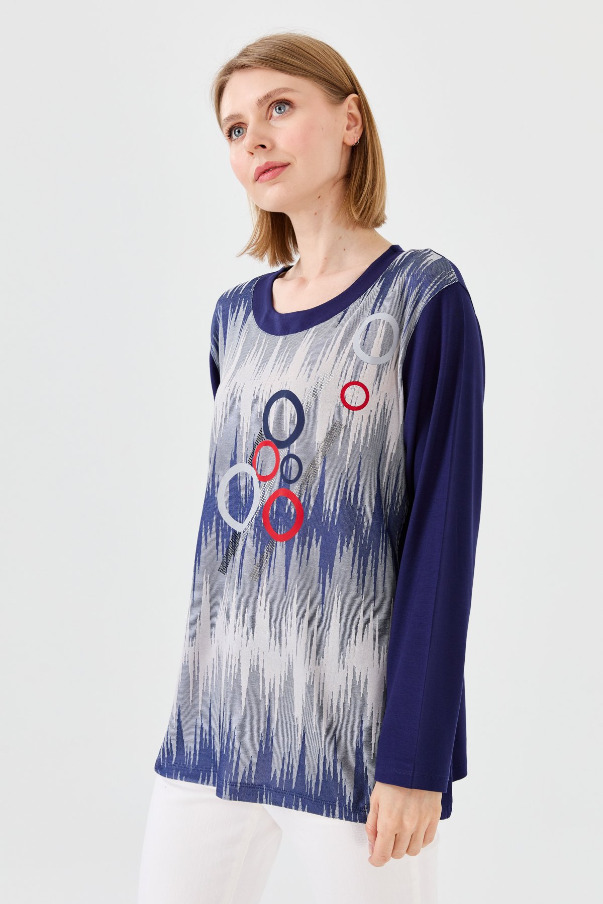 23760Kadın Sıfır Yaka Önü Desenli Uzun Kollu Penye Bluz Lacivert