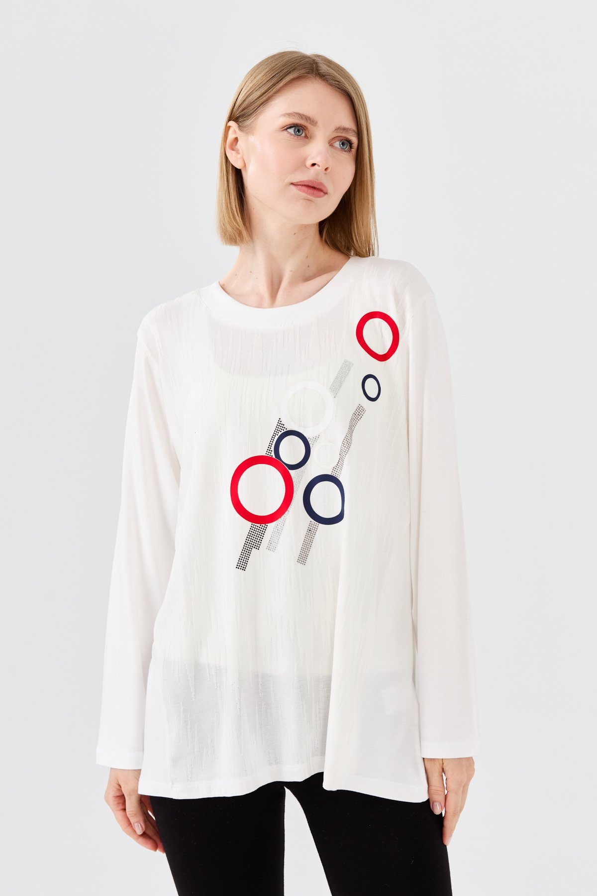 23760Kadın Sıfır Yaka Önü Desenli Uzun Kollu Penye Bluz Kemik