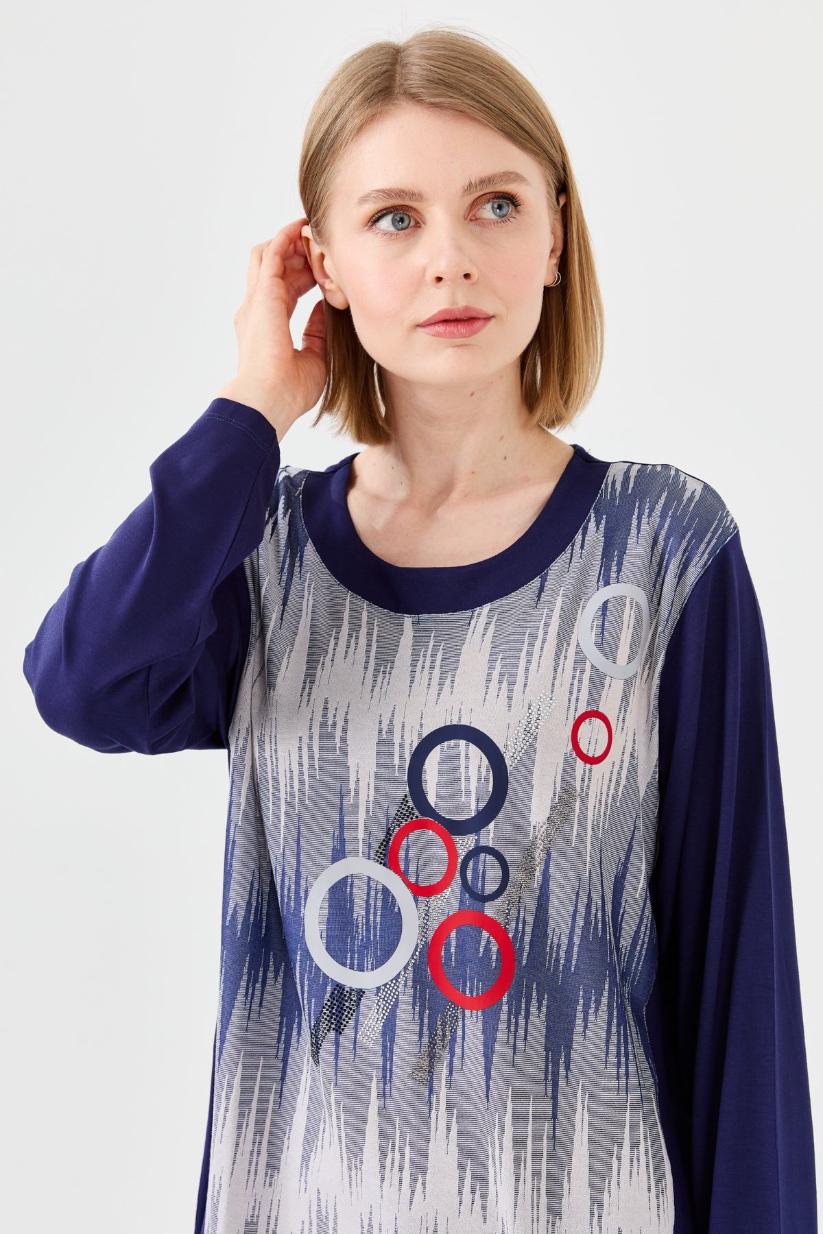 23760Kadın Sıfır Yaka Önü Desenli Uzun Kollu Penye Bluz Lacivert