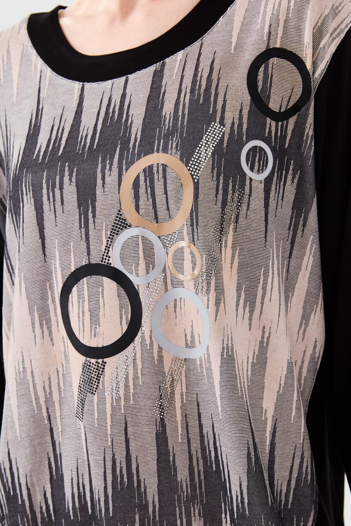 23760Kadın Sıfır Yaka Önü Desenli Uzun Kollu Penye Bluz Siyah