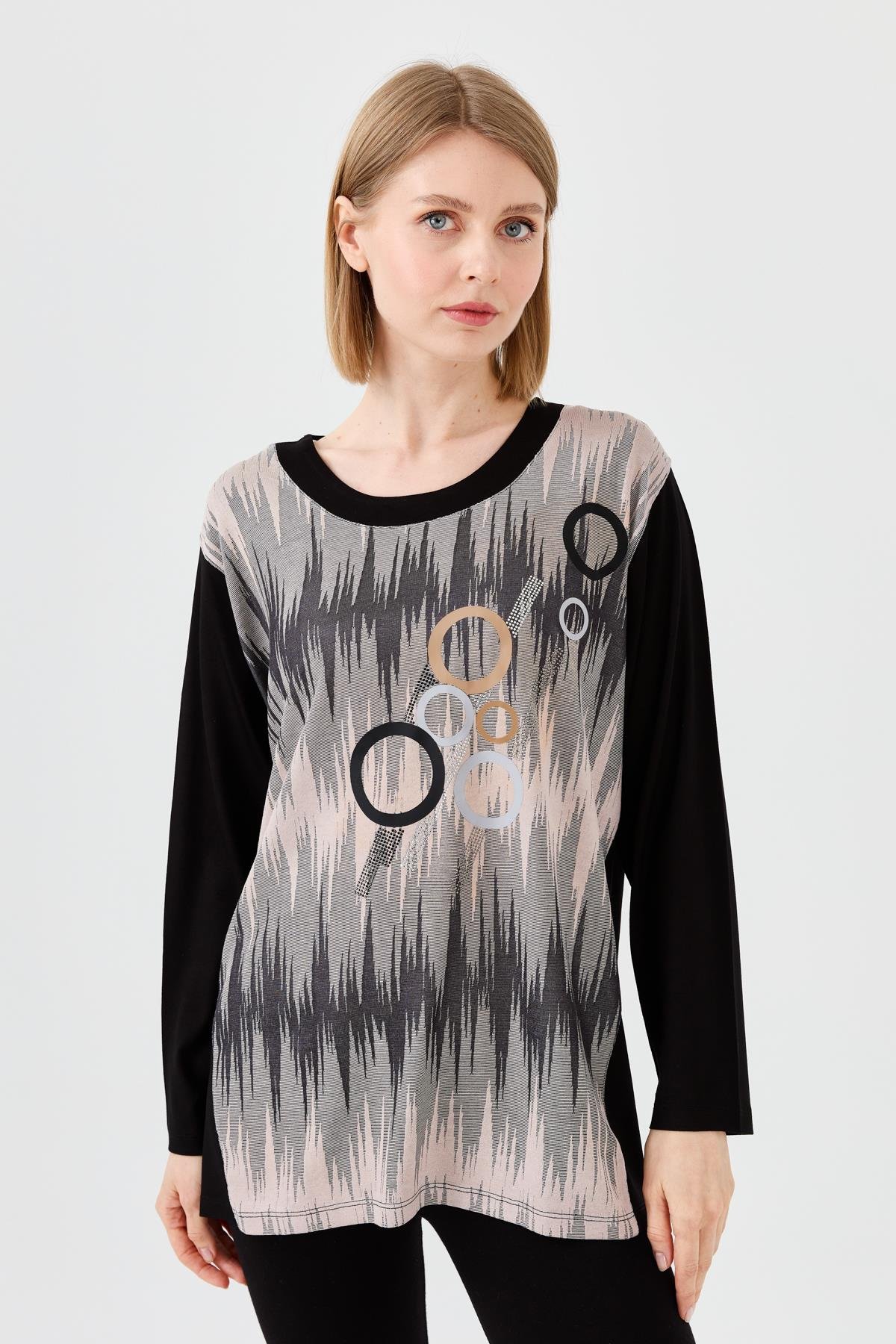 23760Kadın Sıfır Yaka Önü Desenli Uzun Kollu Penye Bluz Siyah