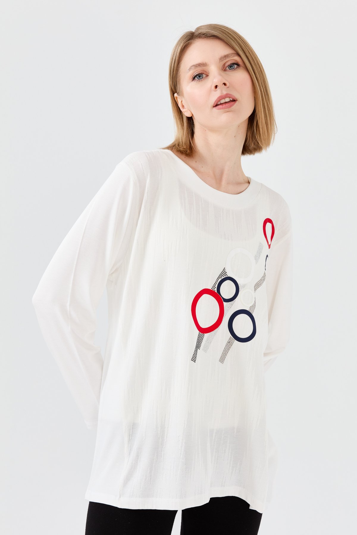 23760Kadın Sıfır Yaka Önü Desenli Uzun Kollu Penye Bluz Kemik