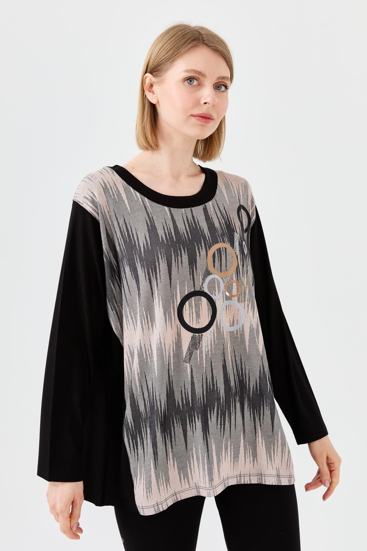 23760Kadın Sıfır Yaka Önü Desenli Uzun Kollu Penye Bluz Siyah