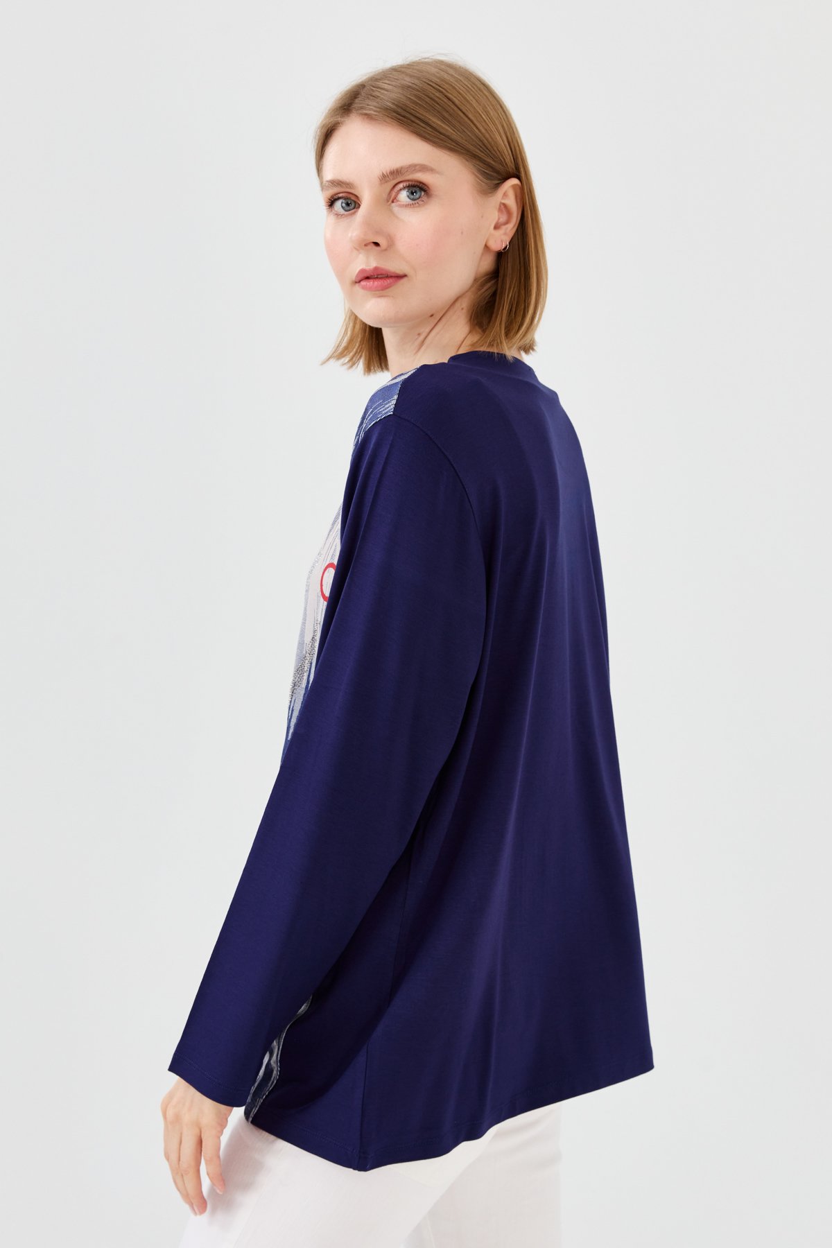 23760Kadın Sıfır Yaka Önü Desenli Uzun Kollu Penye Bluz Lacivert