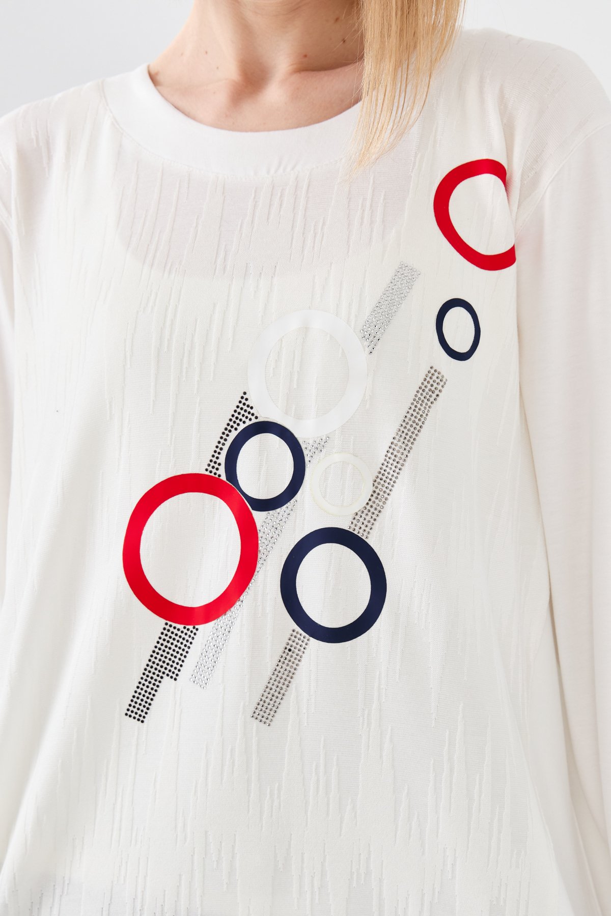 23760Kadın Sıfır Yaka Önü Desenli Uzun Kollu Penye Bluz Kemik