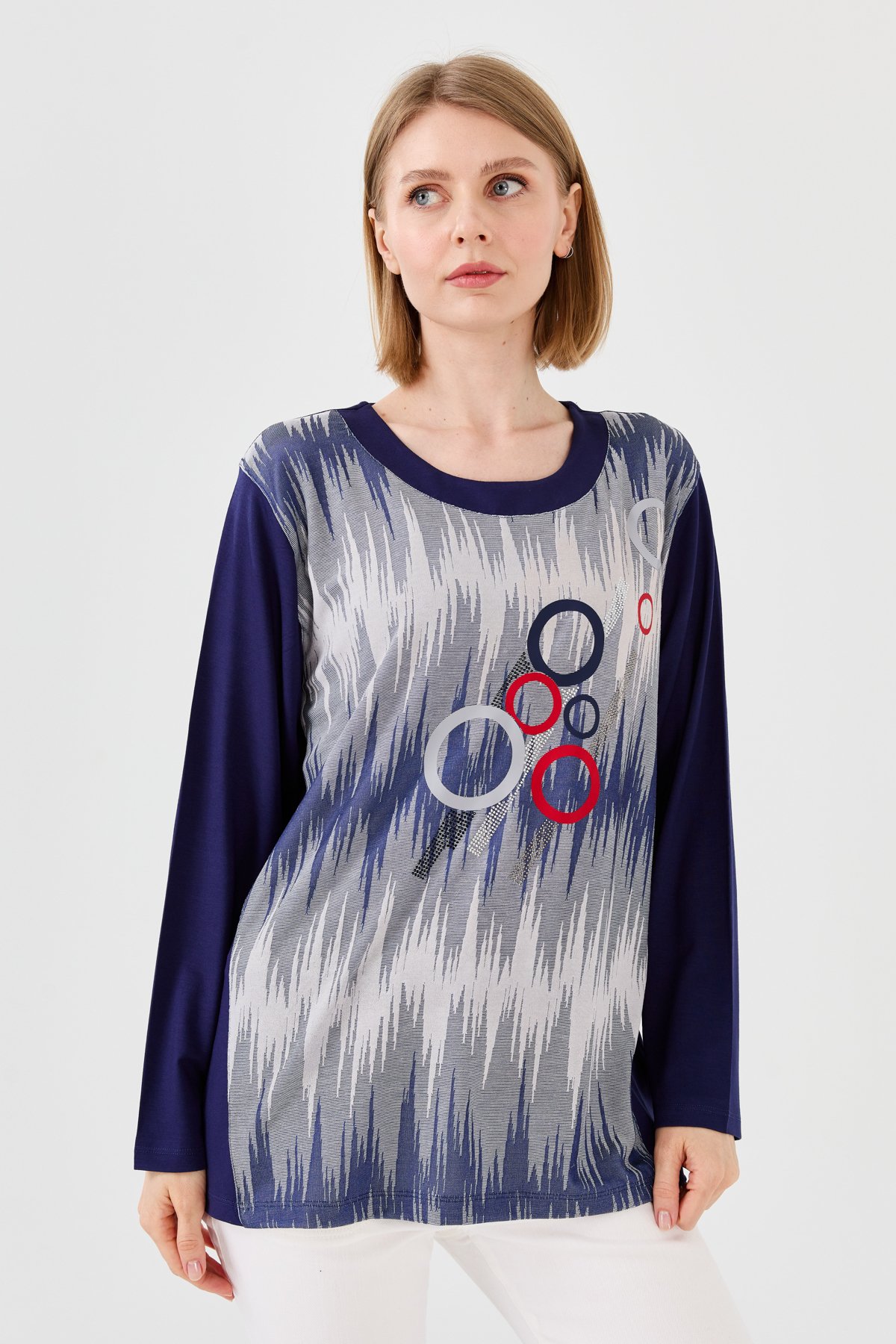 23760Kadın Sıfır Yaka Önü Desenli Uzun Kollu Penye Bluz Lacivert