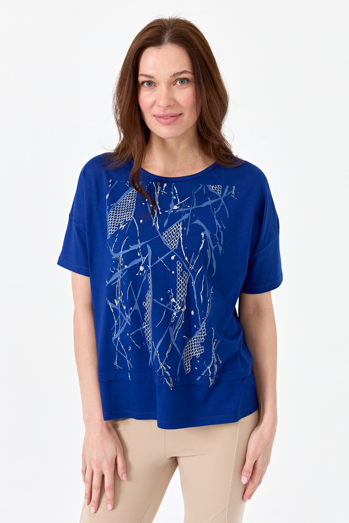 22720Kadın Sıfır Yaka Önü File Baskılı Penye T-shirt Saks