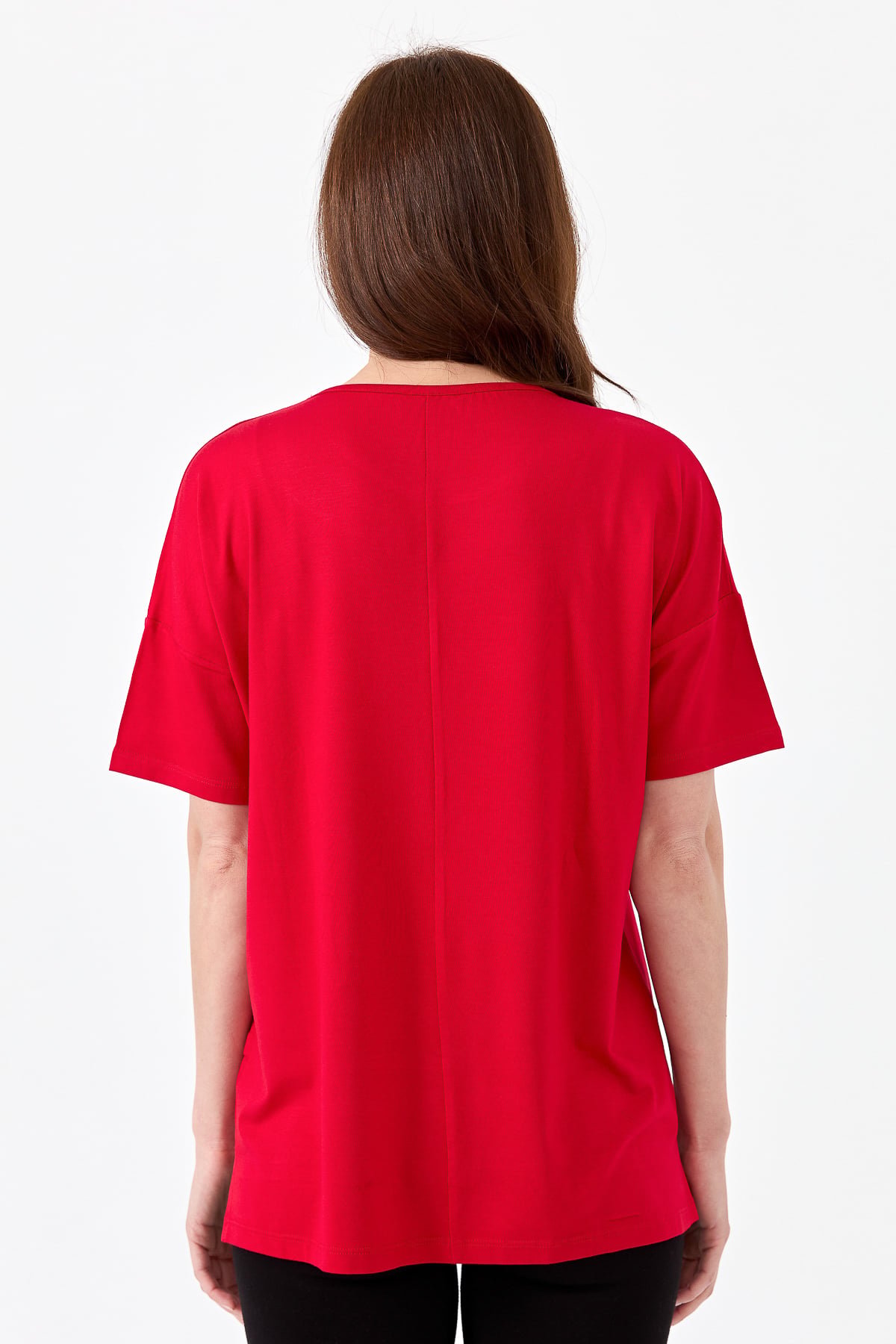 22720Kadın Sıfır Yaka Önü File Baskılı Penye T-shirt Kırmızı