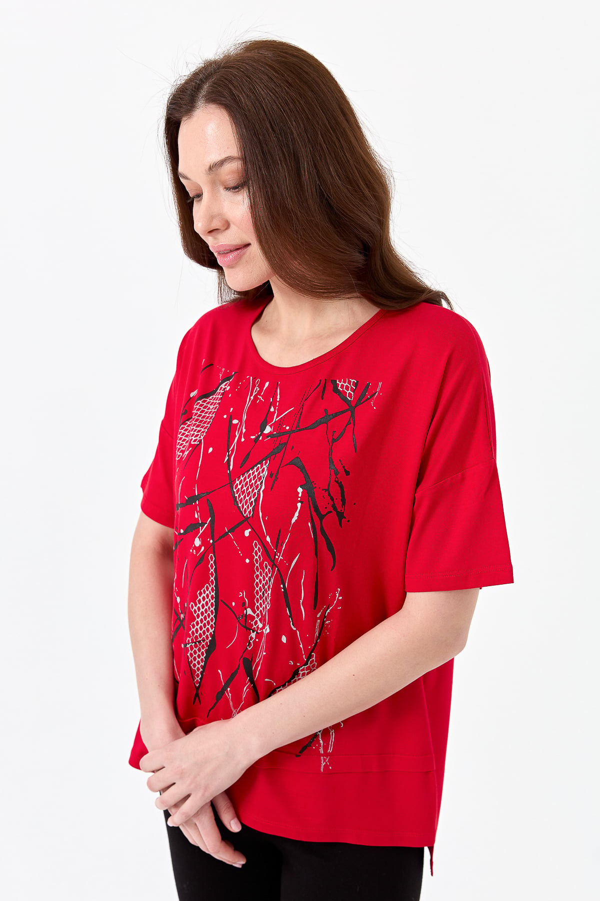 22720Kadın Sıfır Yaka Önü File Baskılı Penye T-shirt Kırmızı