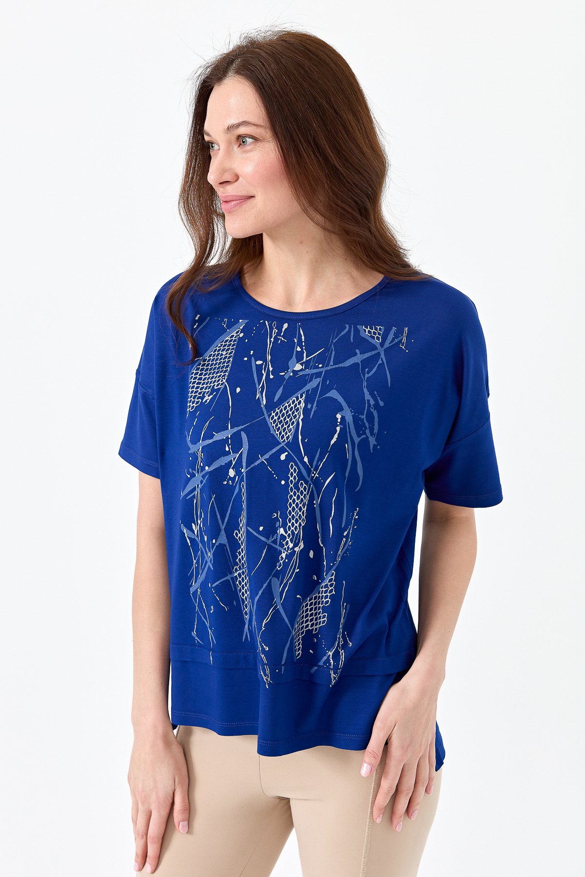 22720Kadın Sıfır Yaka Önü File Baskılı Penye T-shirt Saks