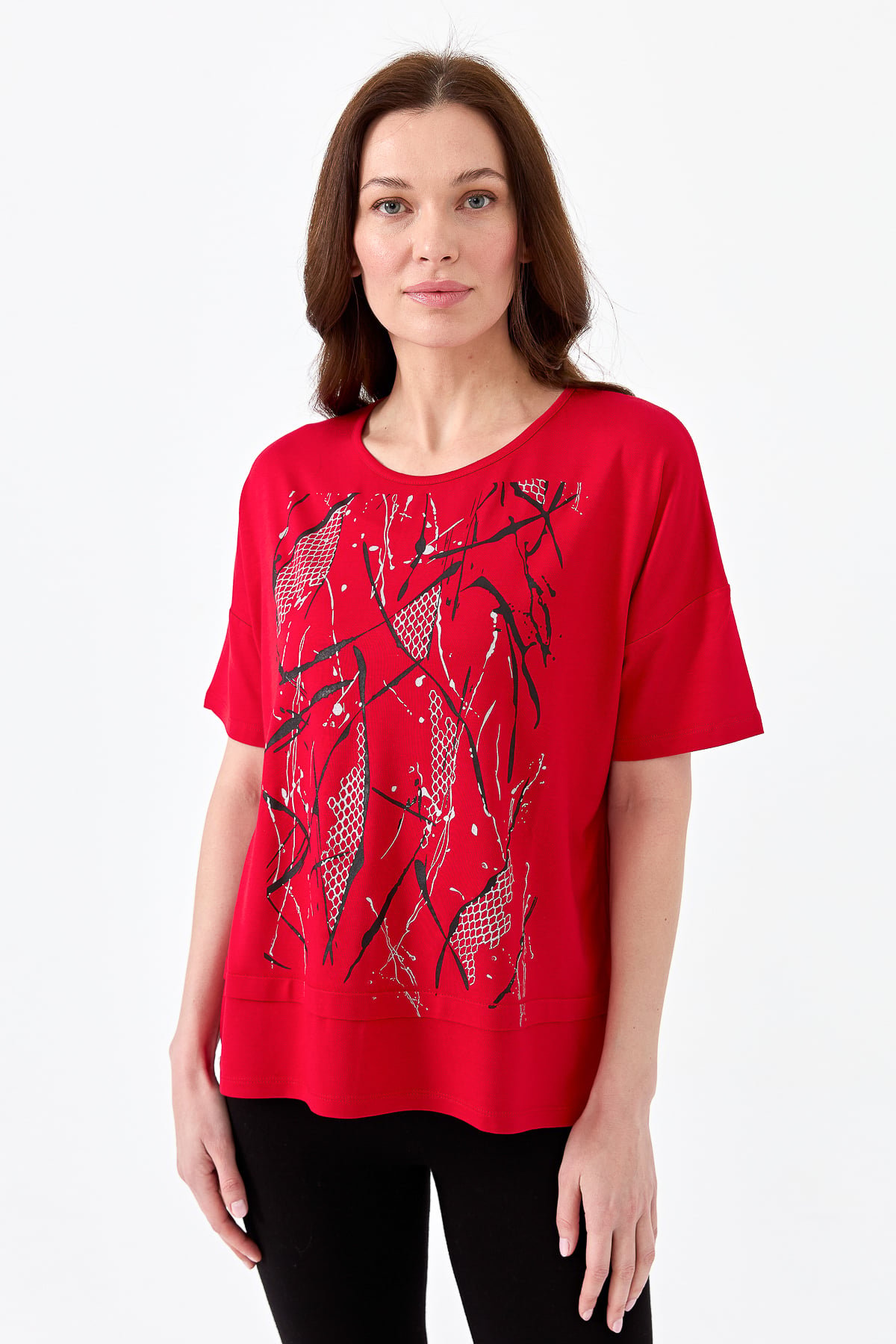 22720Kadın Sıfır Yaka Önü File Baskılı Penye T-shirt Kırmızı