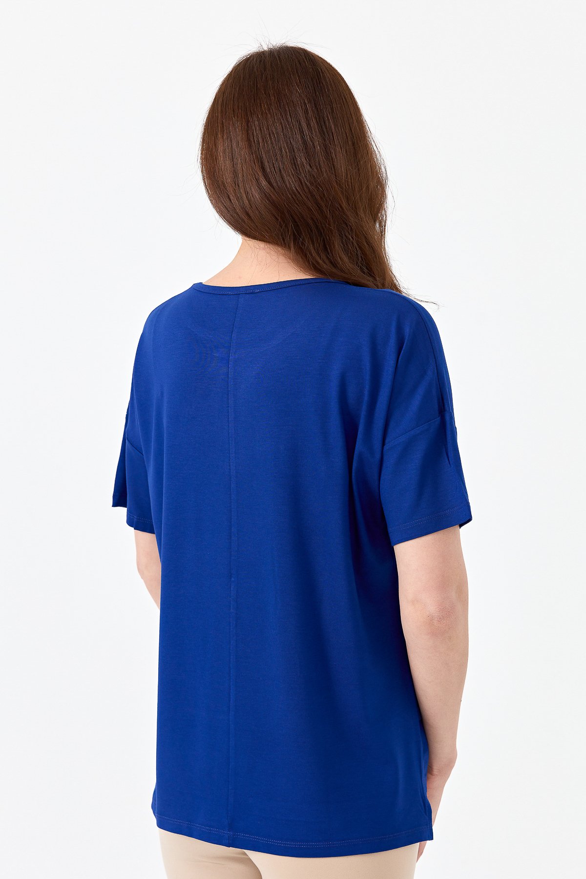 22720Kadın Sıfır Yaka Önü File Baskılı Penye T-shirt Saks