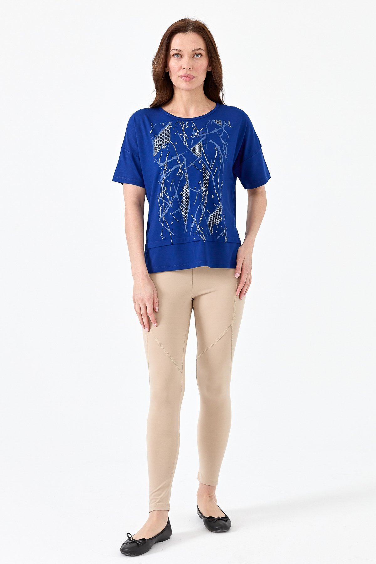 22720Kadın Sıfır Yaka Önü File Baskılı Penye T-shirt Saks