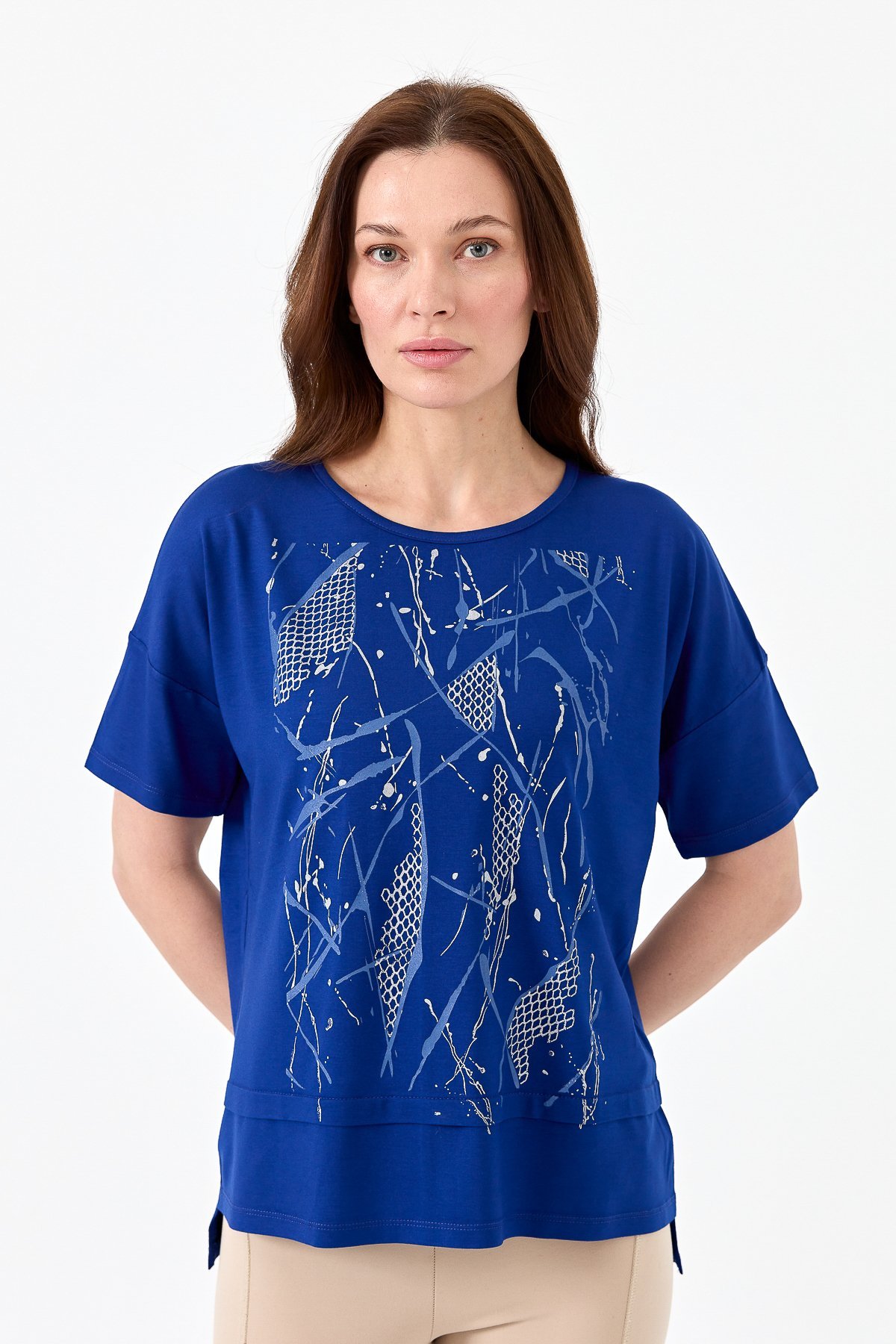 22720Kadın Sıfır Yaka Önü File Baskılı Penye T-shirt Saks