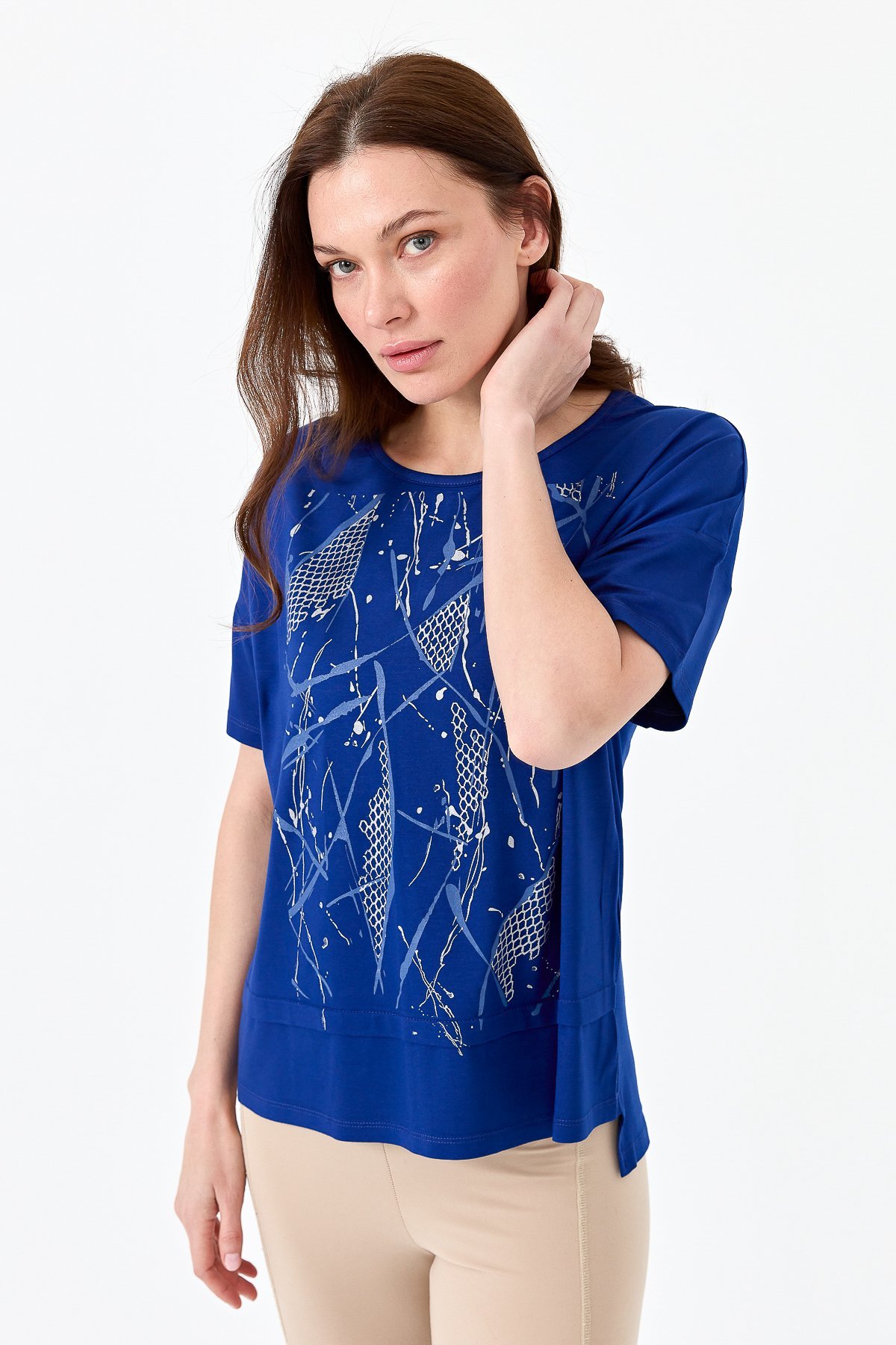 22720Kadın Sıfır Yaka Önü File Baskılı Penye T-shirt Saks