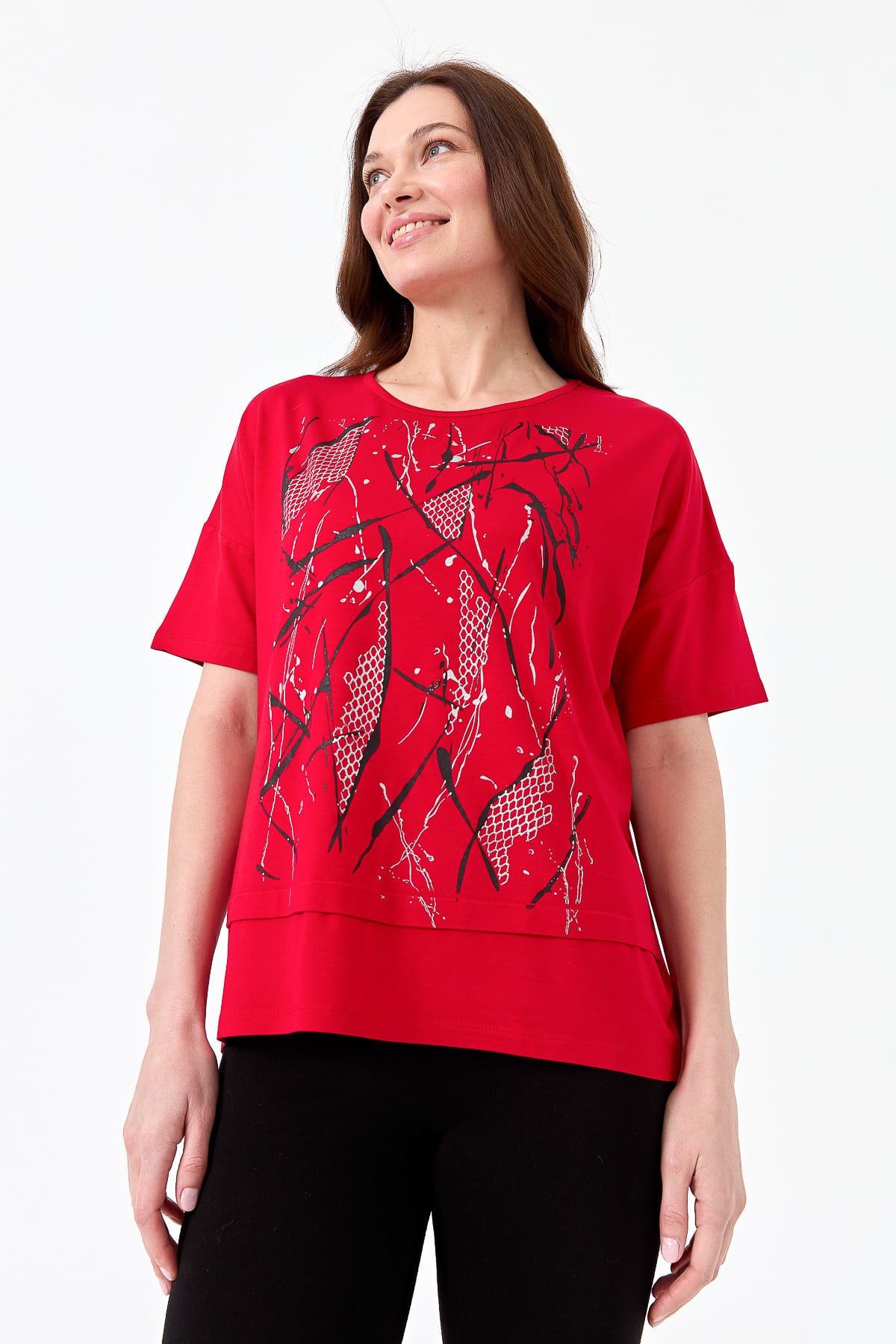 22720Kadın Sıfır Yaka Önü File Baskılı Penye T-shirt Kırmızı