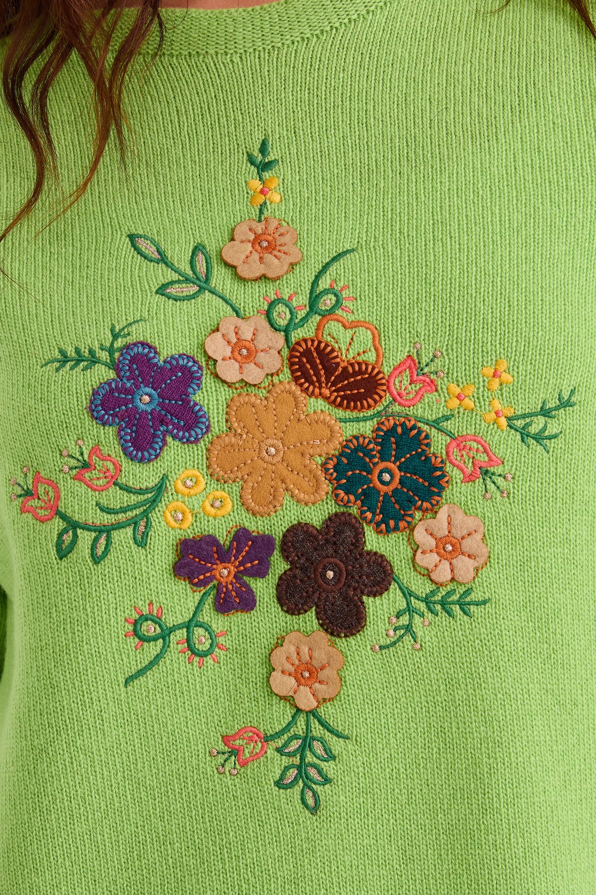 23156Kadın Sıfır Yaka Önü İşlemeli Uzun Yün Kazak A.E.Yeşili