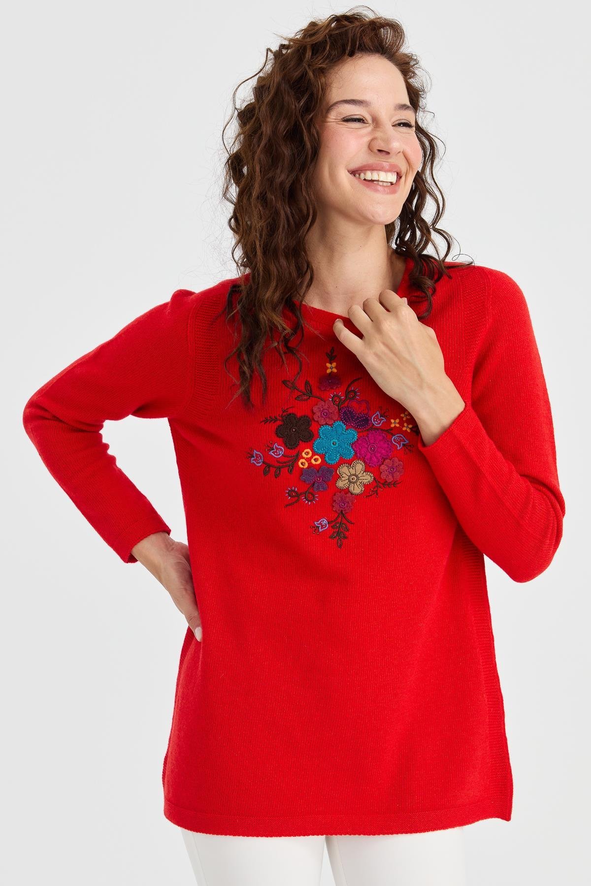 23156Kadın Sıfır Yaka Önü İşlemeli Uzun Yün Kazak Mercan