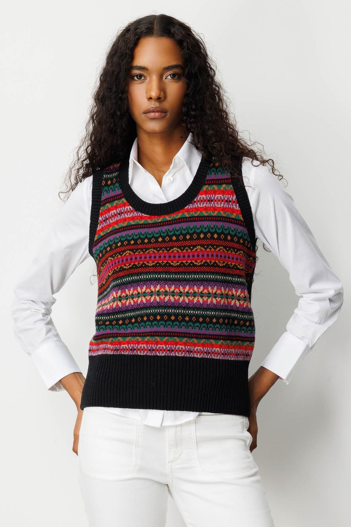 25099Kadın Sıfır Yaka Önü Jakarlı Yün Süveter Siyah