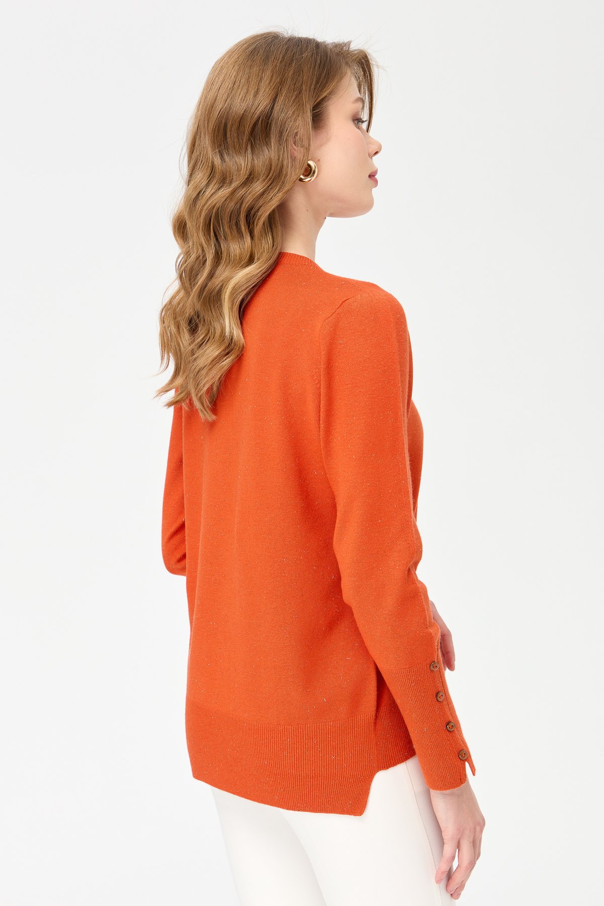 23331Kadın Sıfır Yaka Önü Kısa Arkası Uzun Kazak Portakal