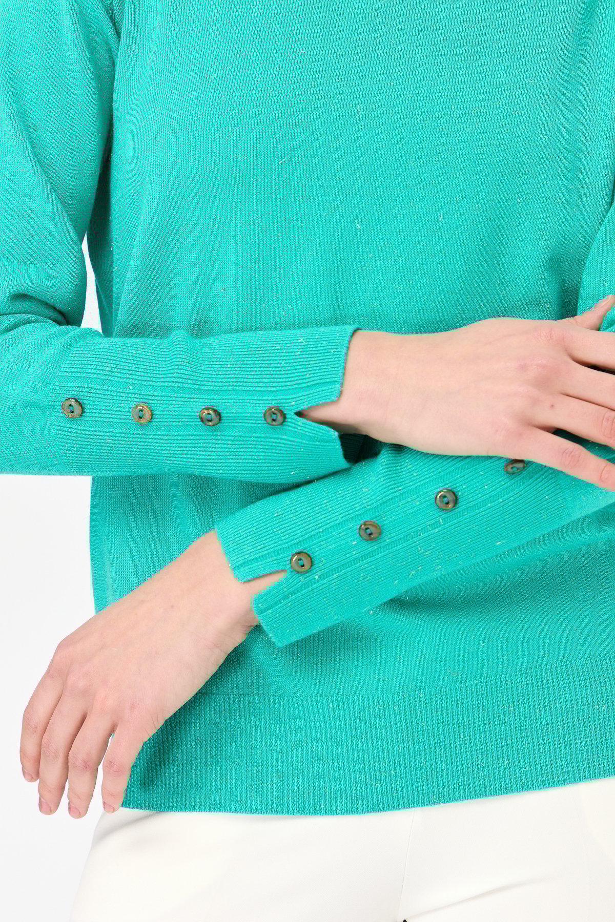 23331Kadın Sıfır Yaka Önü Kısa Arkası Uzun Kazak S.Yeşili