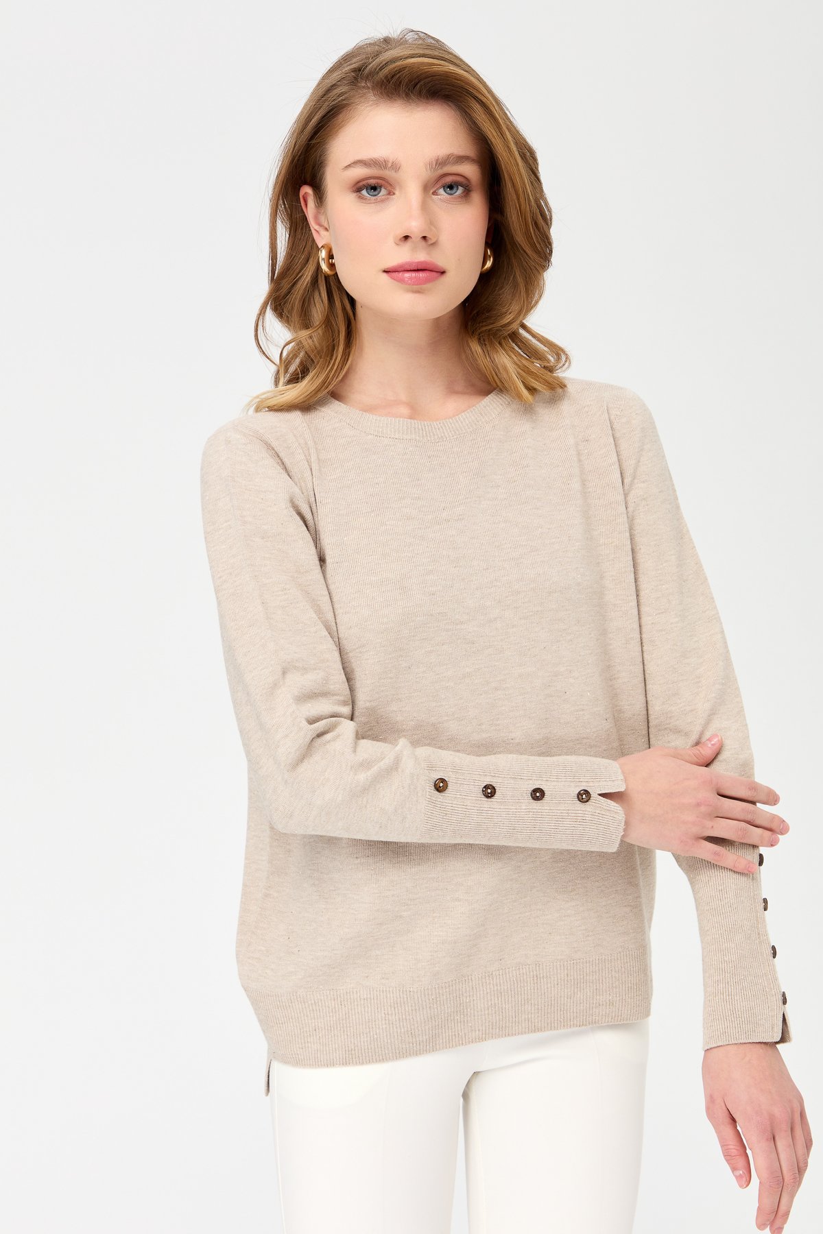 23331Kadın Sıfır Yaka Önü Kısa Arkası Uzun Kazak Bej