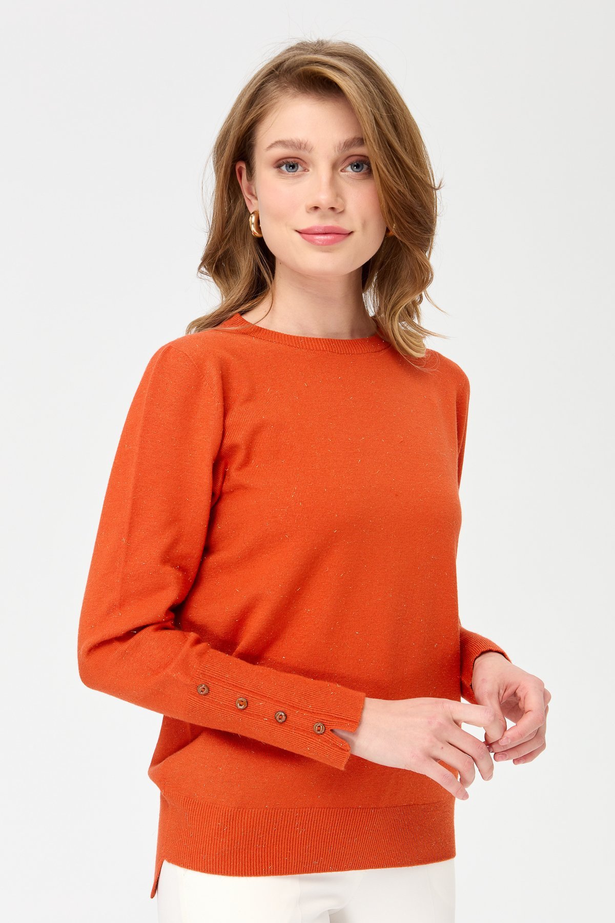 23331Kadın Sıfır Yaka Önü Kısa Arkası Uzun Kazak Portakal