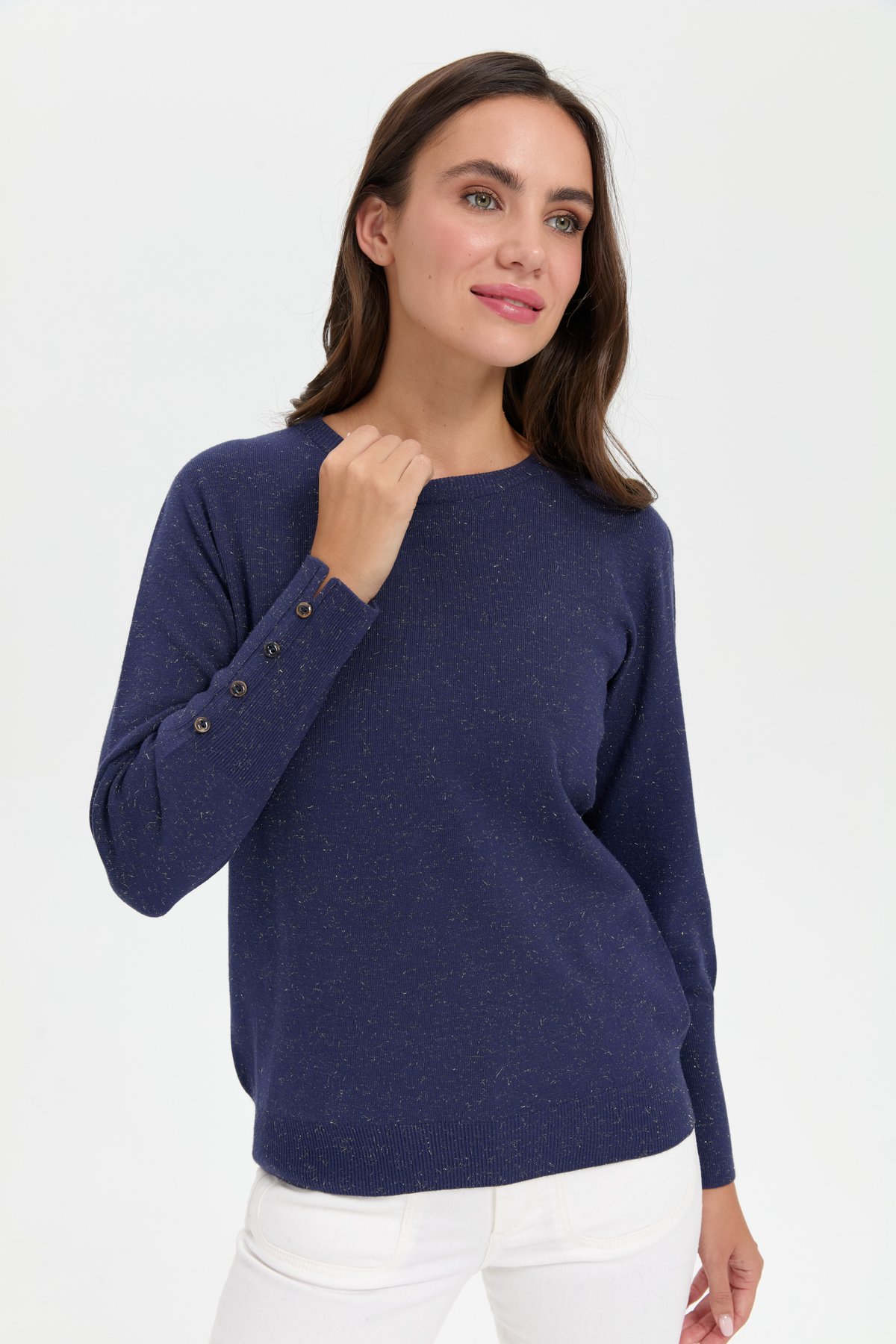 23331Kadın Sıfır Yaka Önü Kısa Arkası Uzun Kazak İndigo