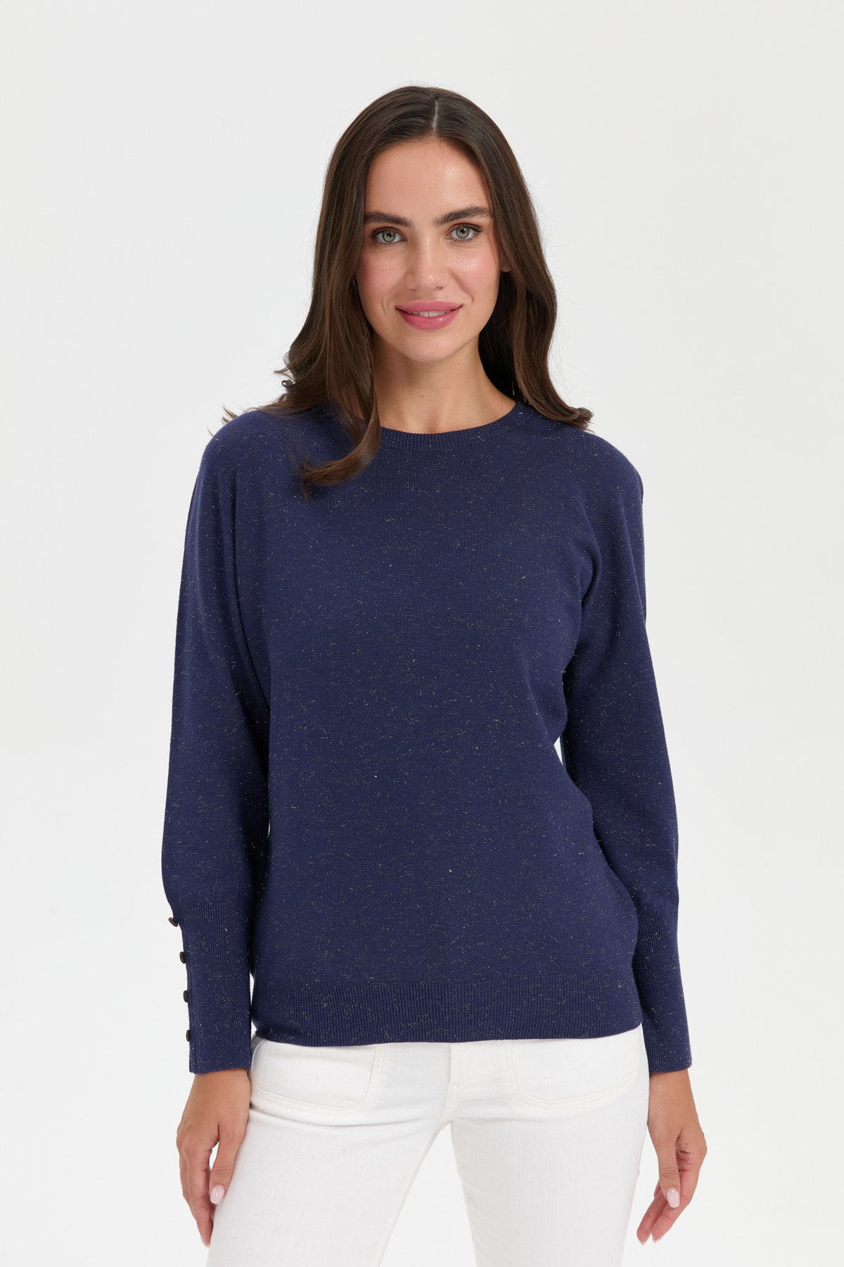 23331Kadın Sıfır Yaka Önü Kısa Arkası Uzun Kazak İndigo