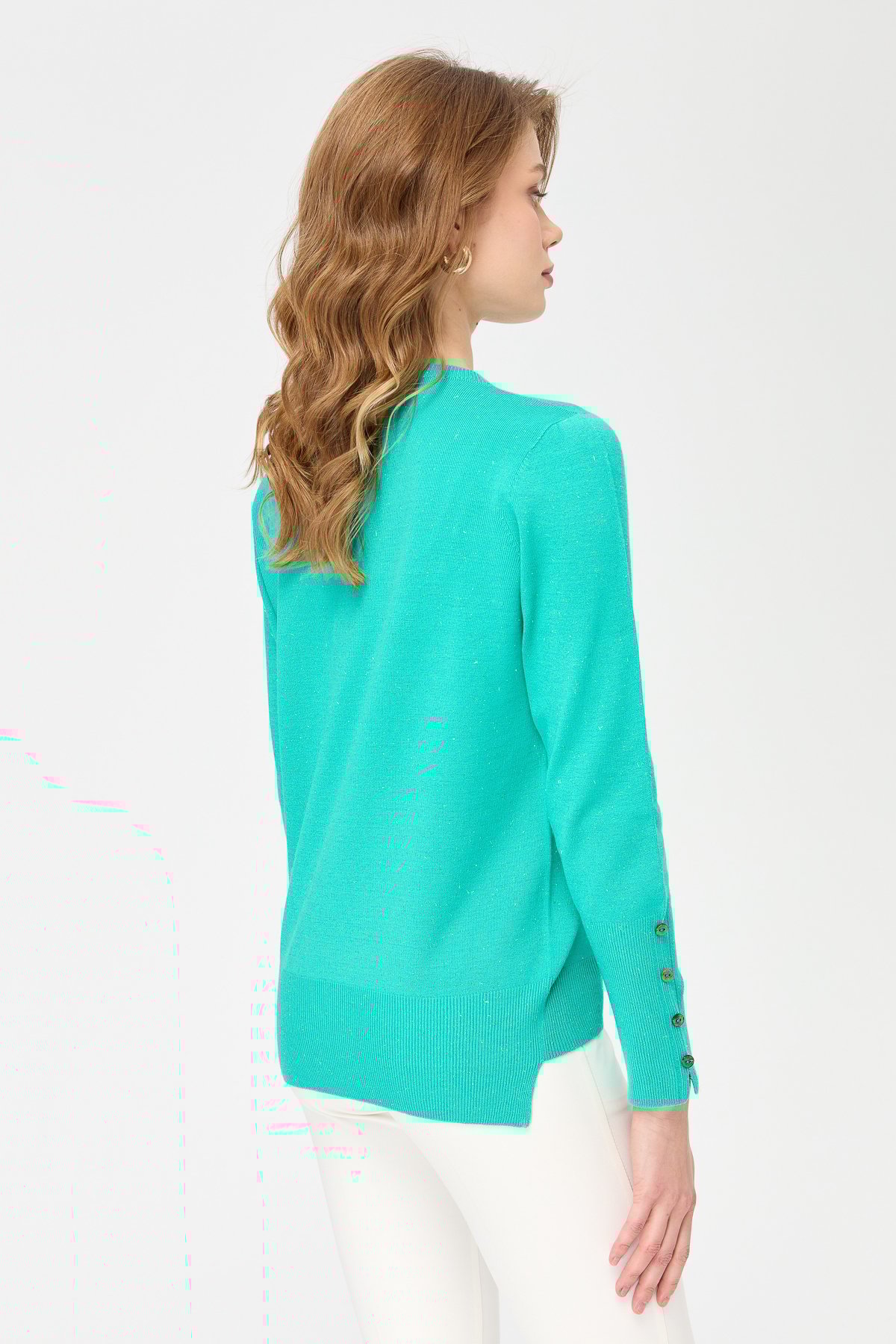 23331Kadın Sıfır Yaka Önü Kısa Arkası Uzun Kazak S.Yeşili