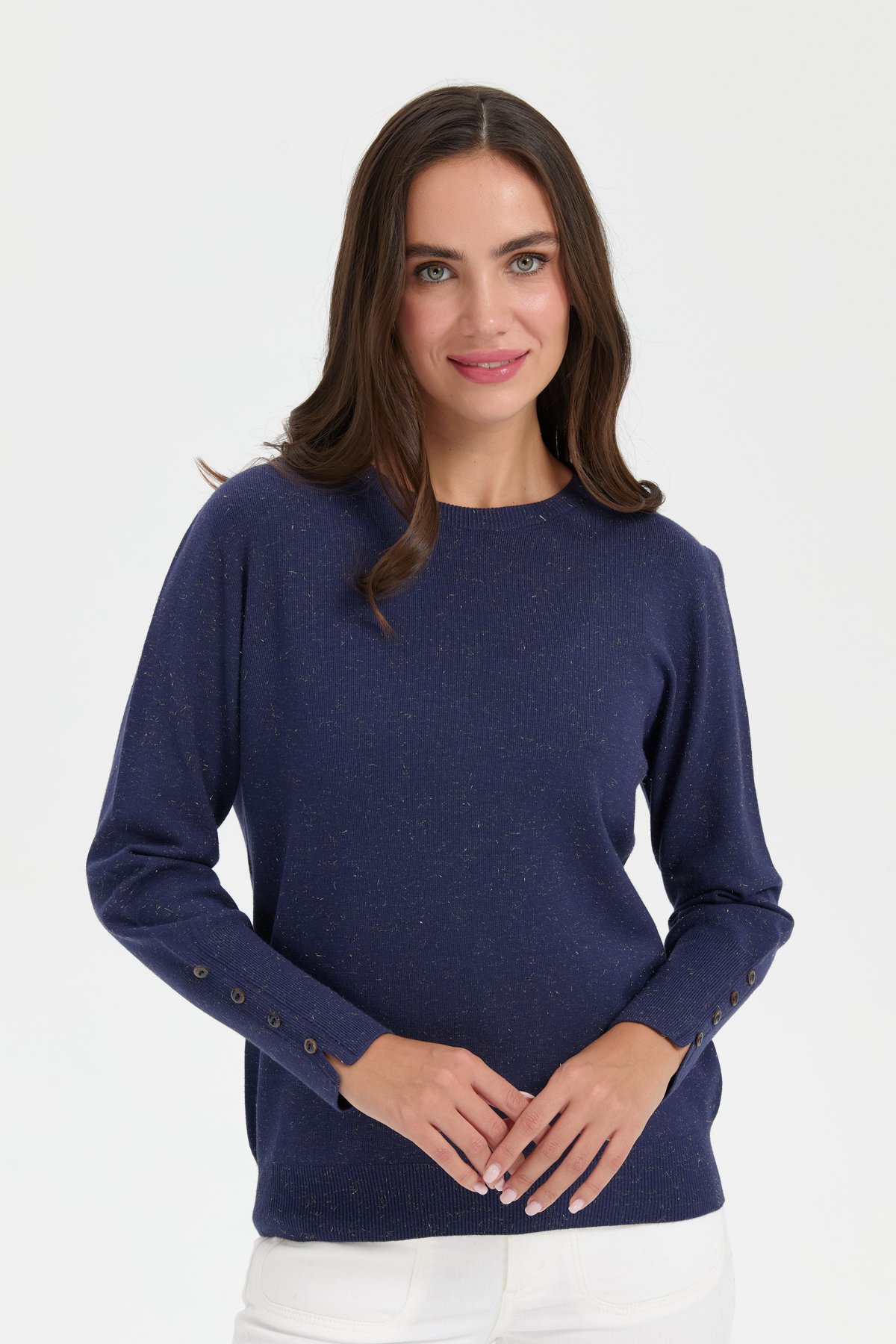 23331Kadın Sıfır Yaka Önü Kısa Arkası Uzun Kazak İndigo