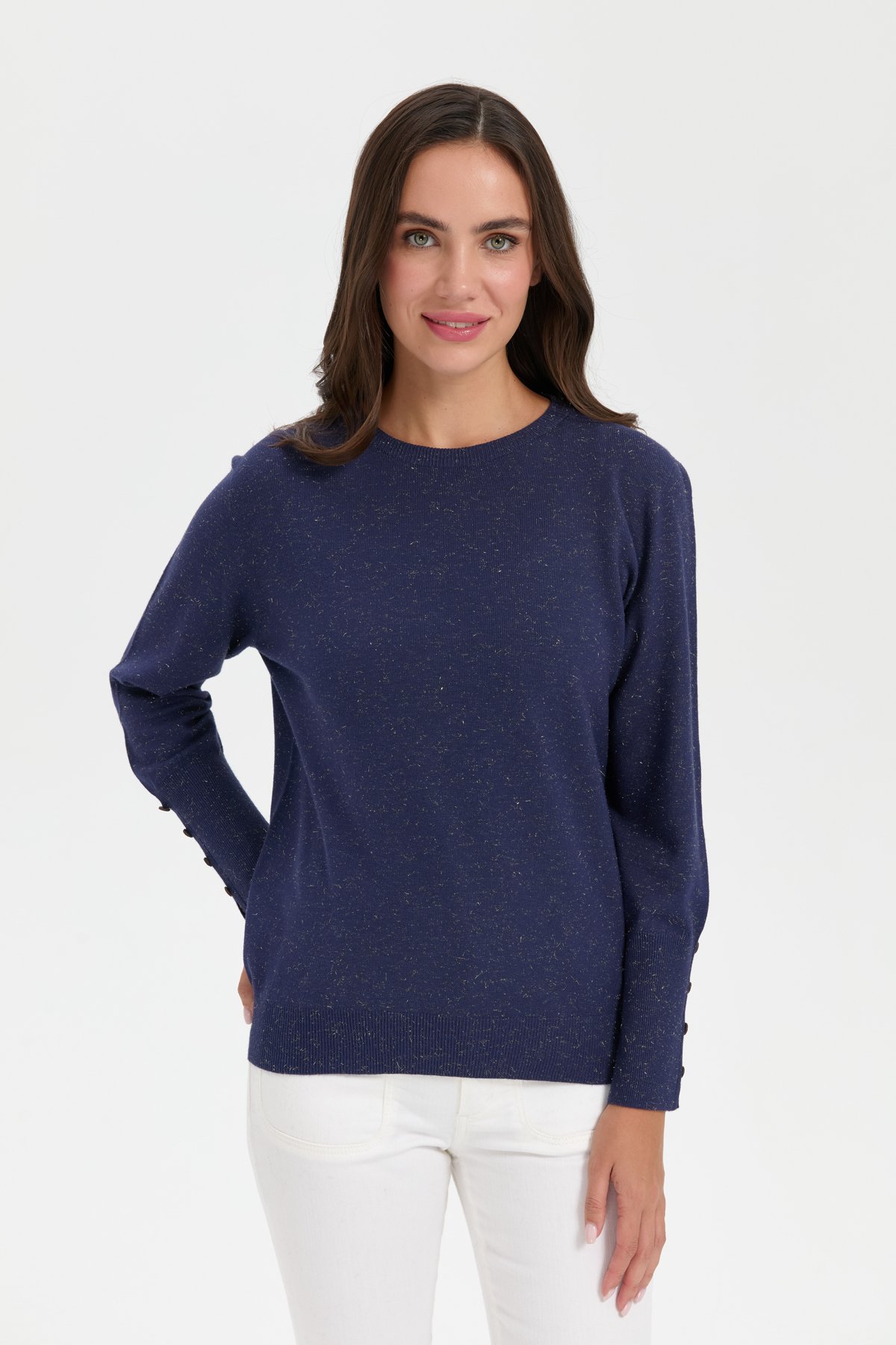 23331Kadın Sıfır Yaka Önü Kısa Arkası Uzun Kazak İndigo