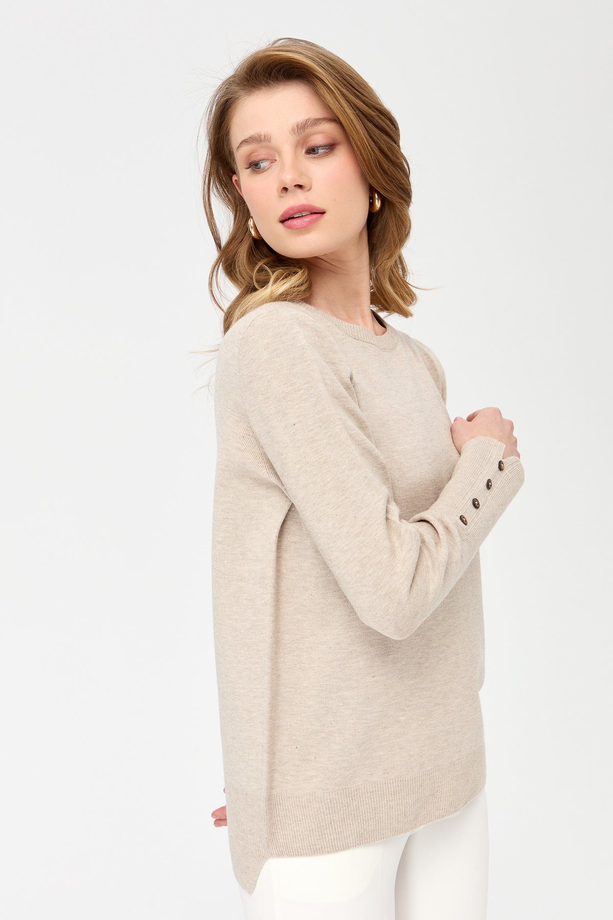 23331Kadın Sıfır Yaka Önü Kısa Arkası Uzun Kazak Bej