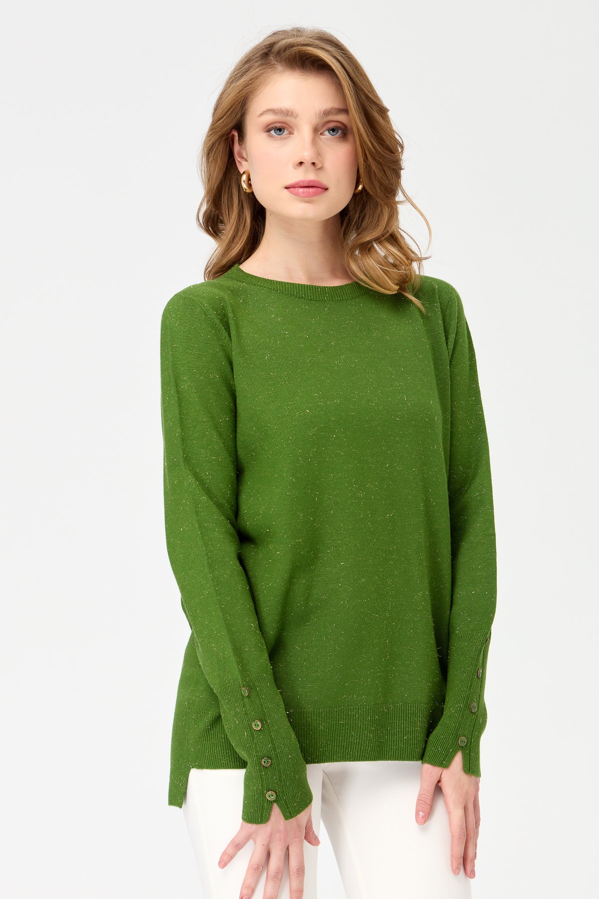 23331Kadın Sıfır Yaka Önü Kısa Arkası Uzun Kazak K.Yosun