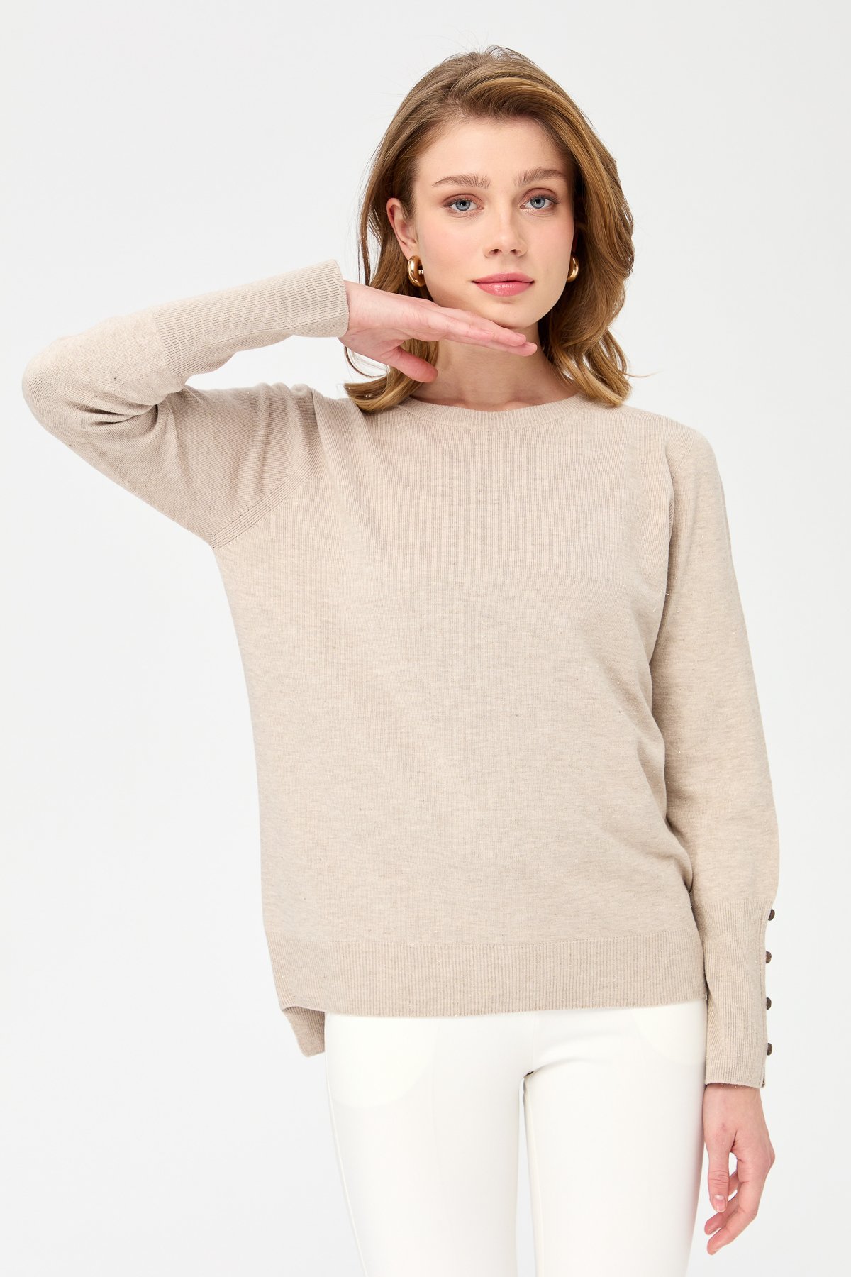 23331Kadın Sıfır Yaka Önü Kısa Arkası Uzun Kazak Bej