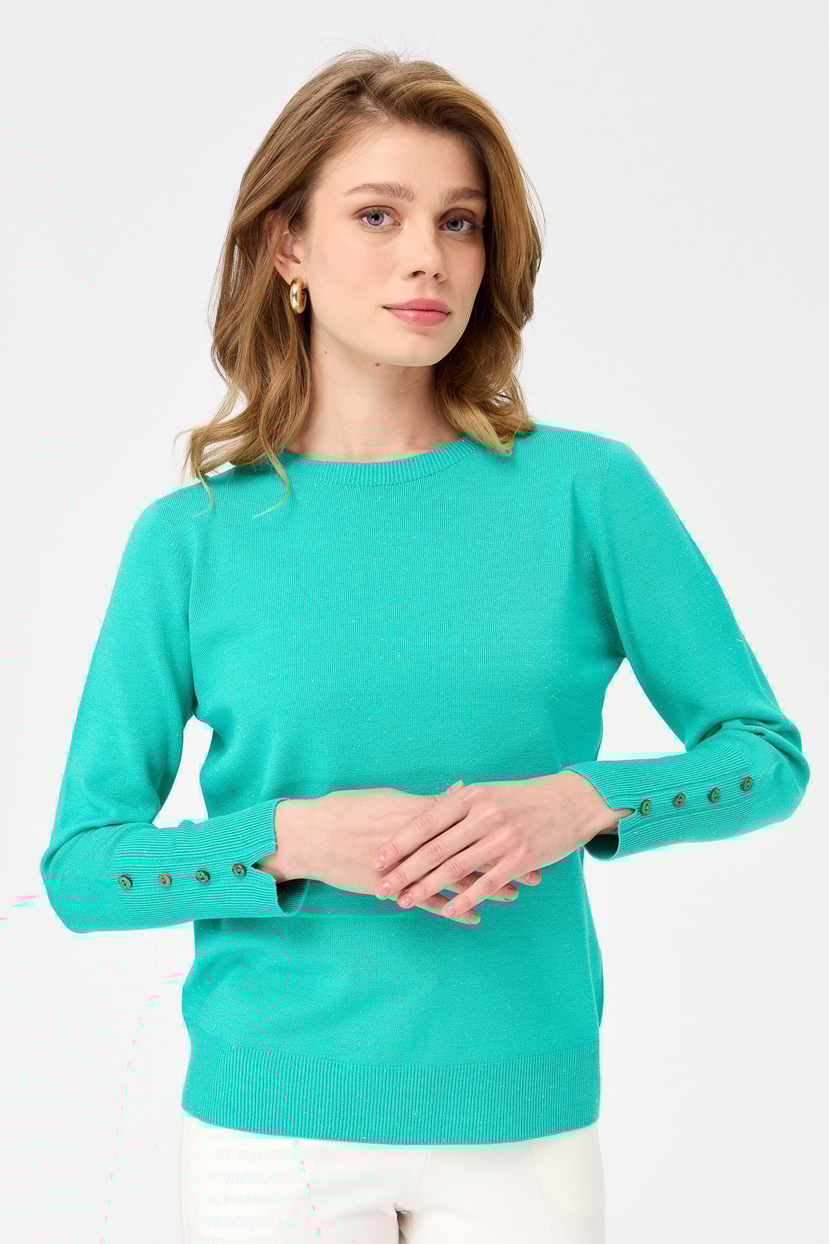 23331Kadın Sıfır Yaka Önü Kısa Arkası Uzun Kazak S.Yeşili