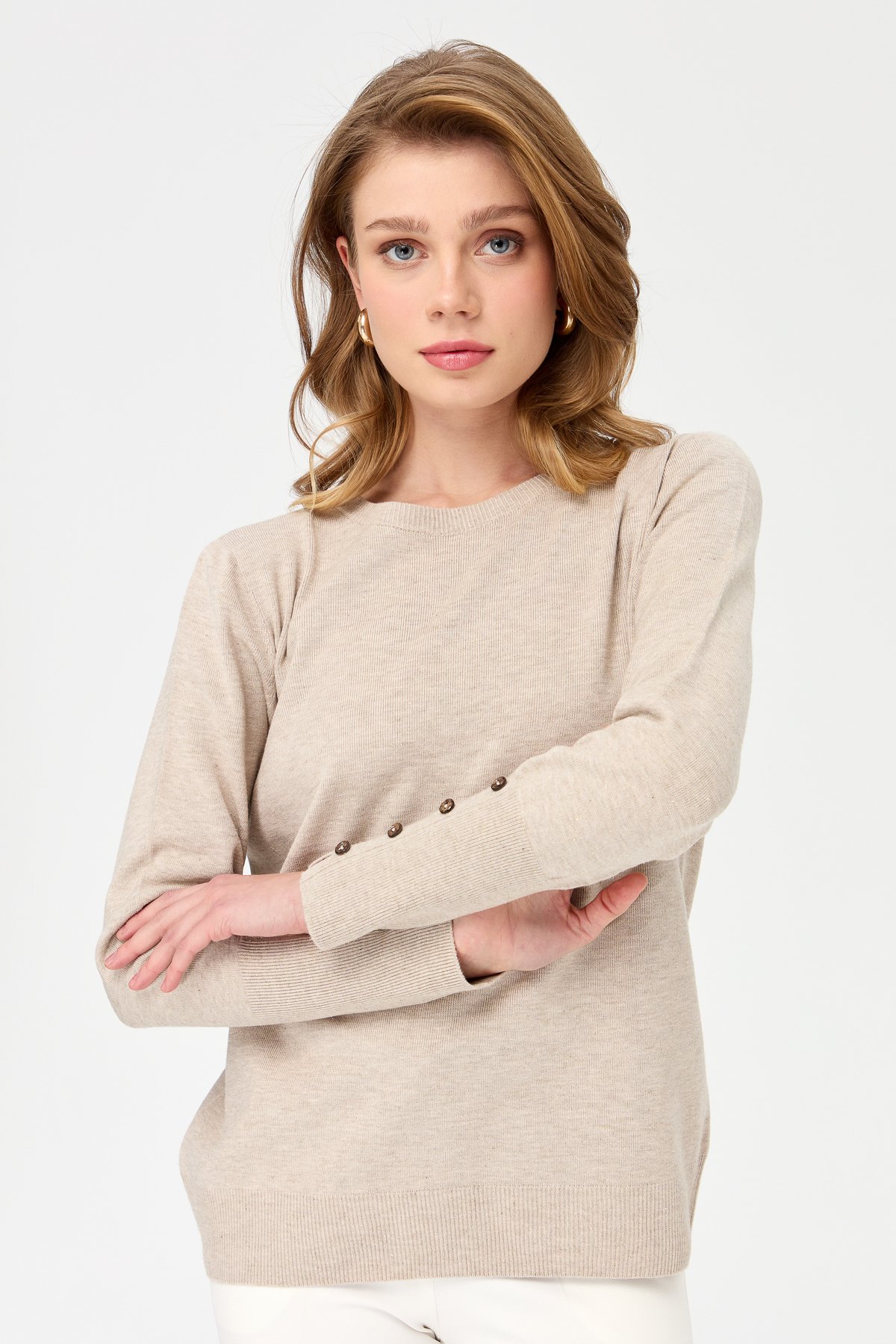 23331Kadın Sıfır Yaka Önü Kısa Arkası Uzun Kazak Bej