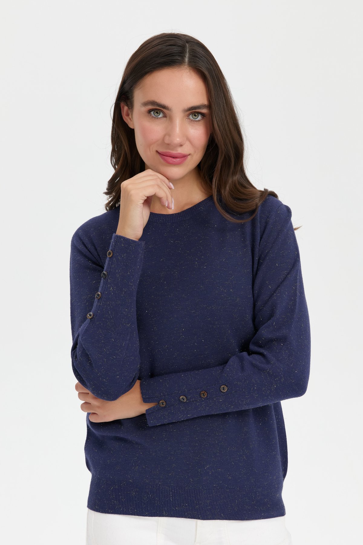 23331Kadın Sıfır Yaka Önü Kısa Arkası Uzun Kazak İndigo