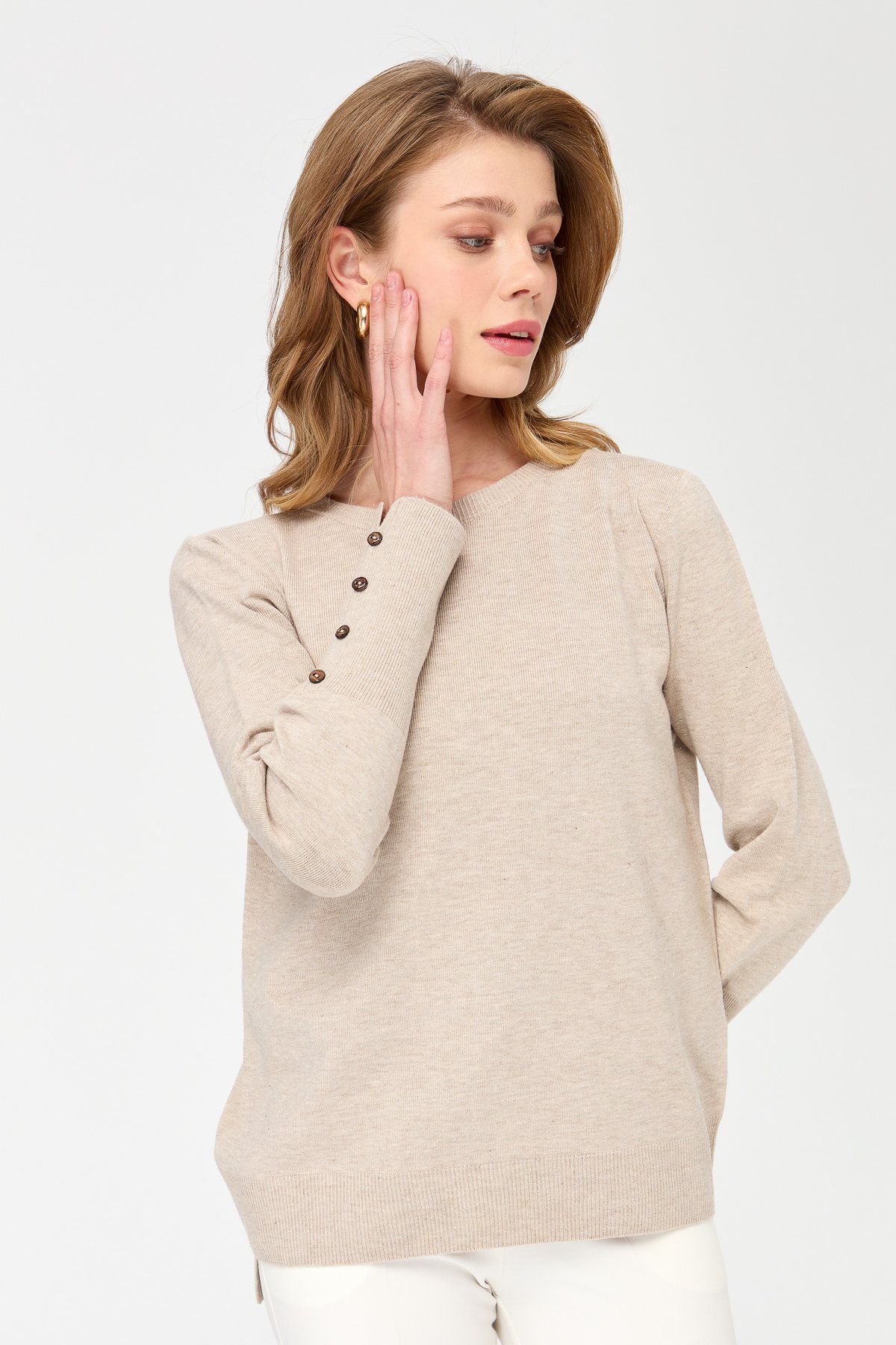 23331Kadın Sıfır Yaka Önü Kısa Arkası Uzun Kazak Bej