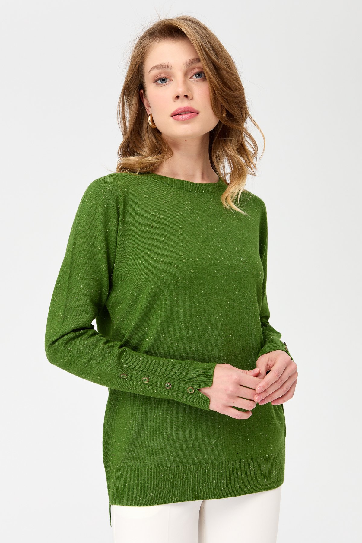 23331Kadın Sıfır Yaka Önü Kısa Arkası Uzun Kazak K.Yosun