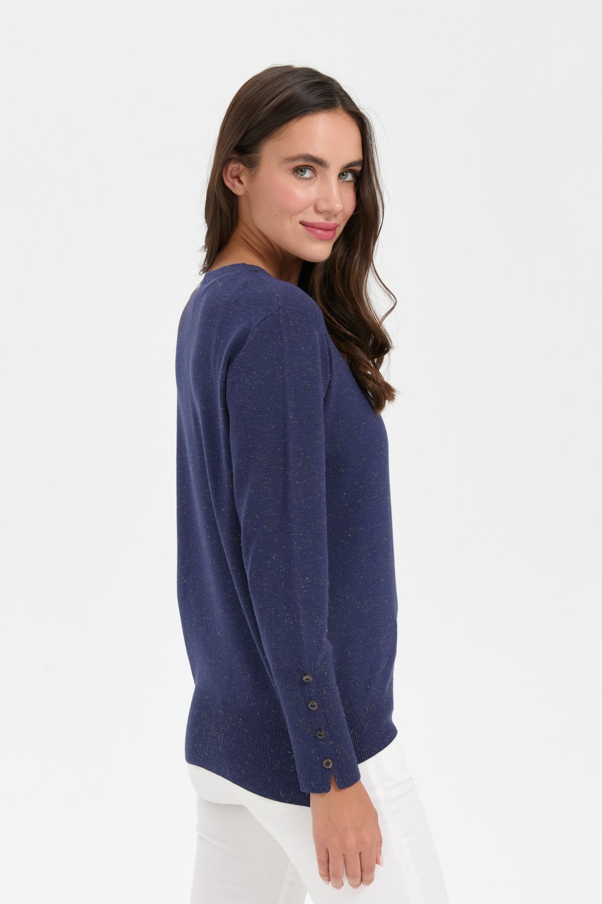 23331Kadın Sıfır Yaka Önü Kısa Arkası Uzun Kazak İndigo