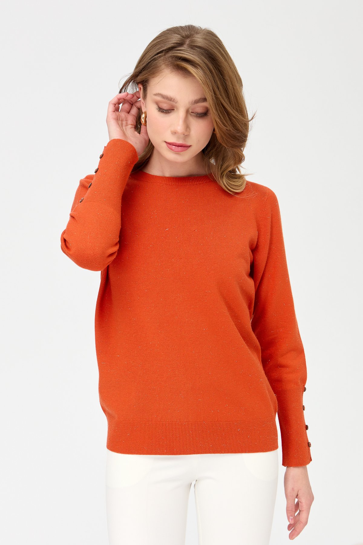 23331Kadın Sıfır Yaka Önü Kısa Arkası Uzun Kazak Portakal