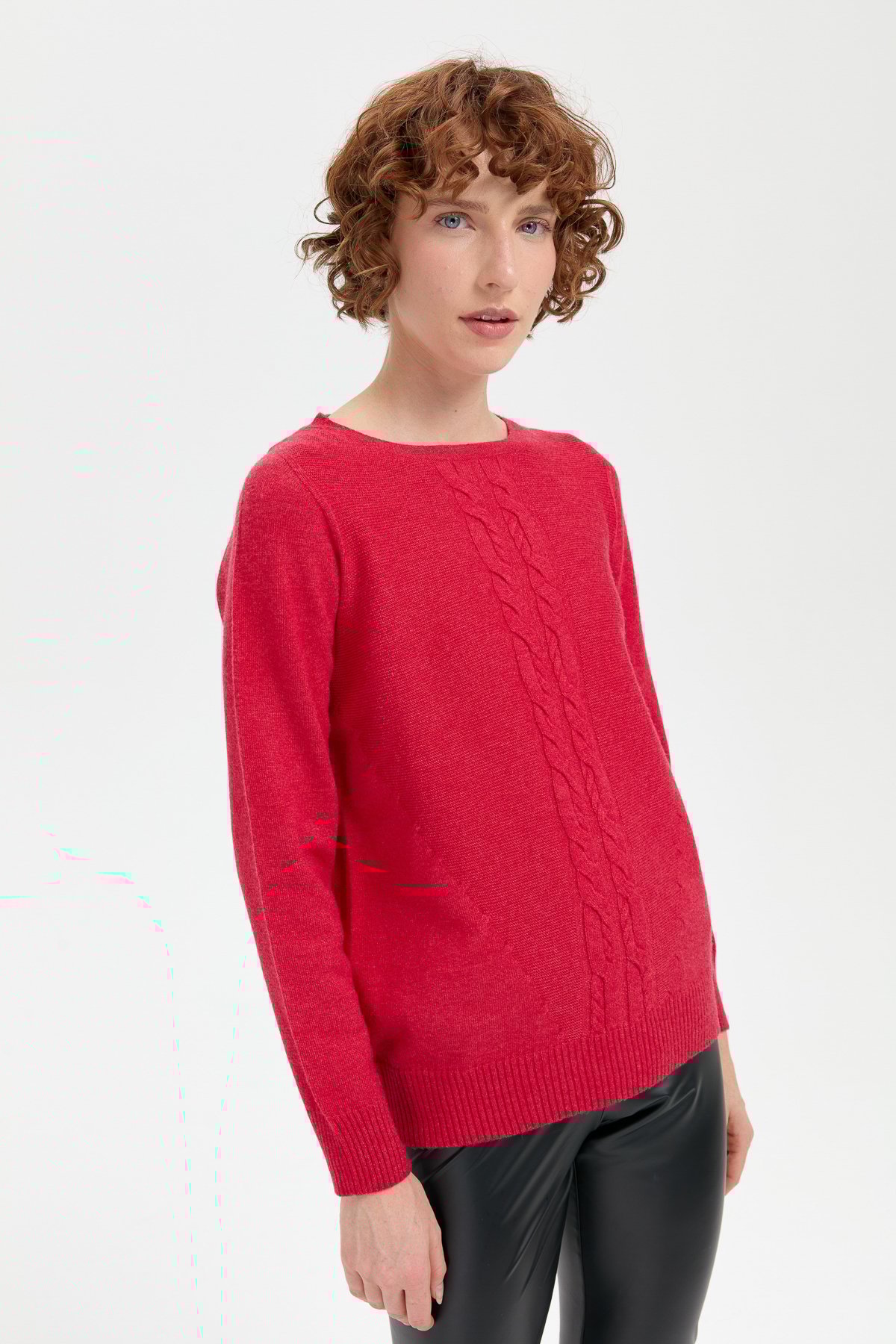 24185Kadın Sıfır Yaka Önü Saç Örgülü Kazak Kırmızı